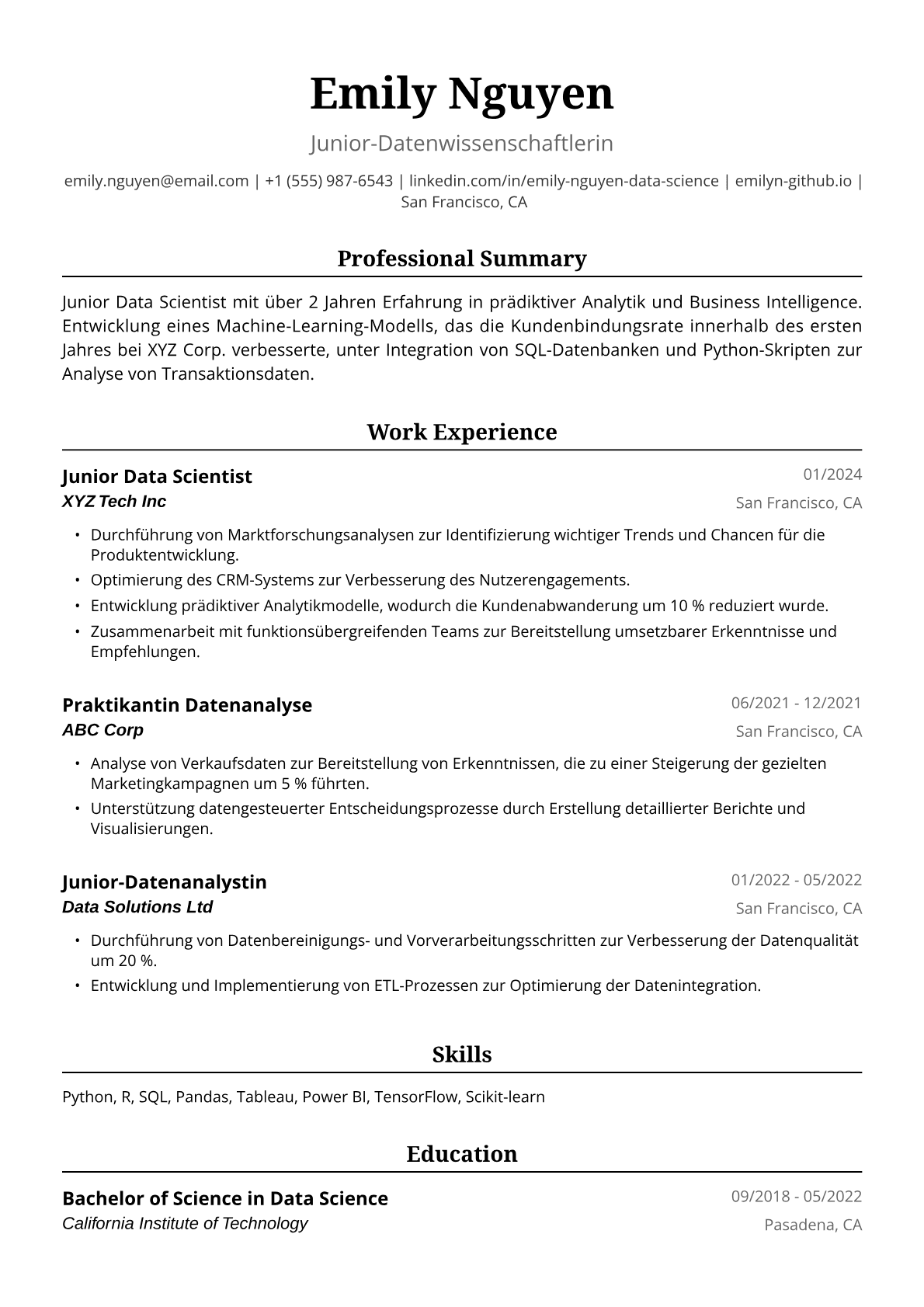 Lebenslauf Beispiel für Junior Datenwissenschaftler (w)