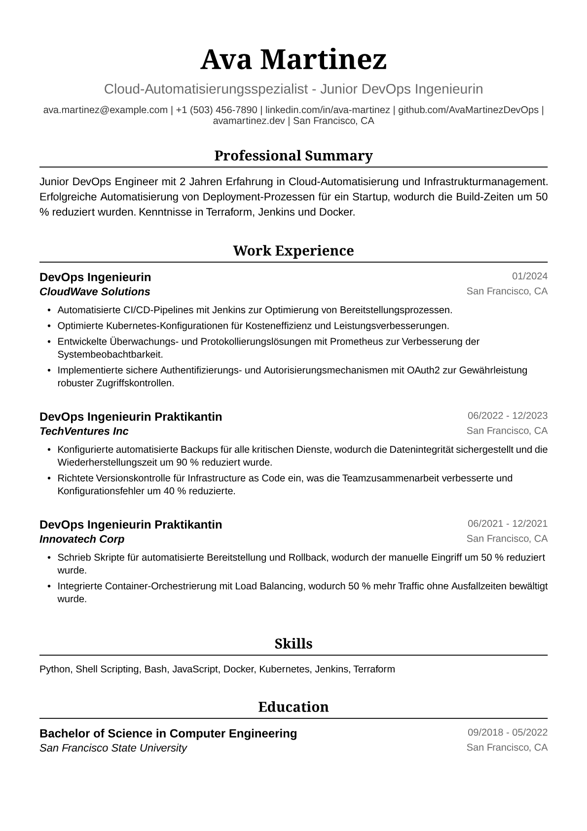 Lebenslaufbeispiel für Junior DevOps Ingenieurin