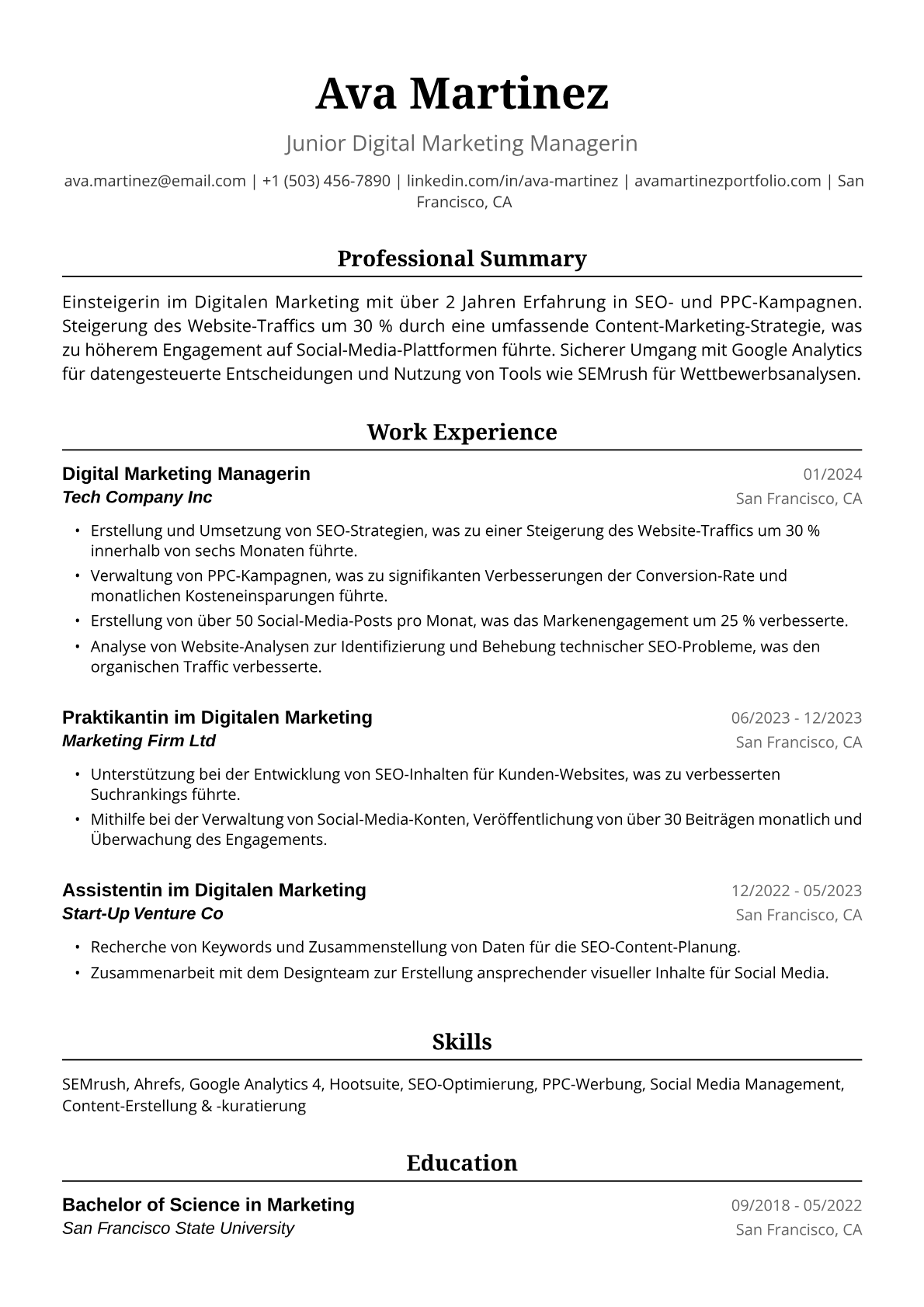 Junior Digital Marketing Managerin Lebenslauf Beispiel