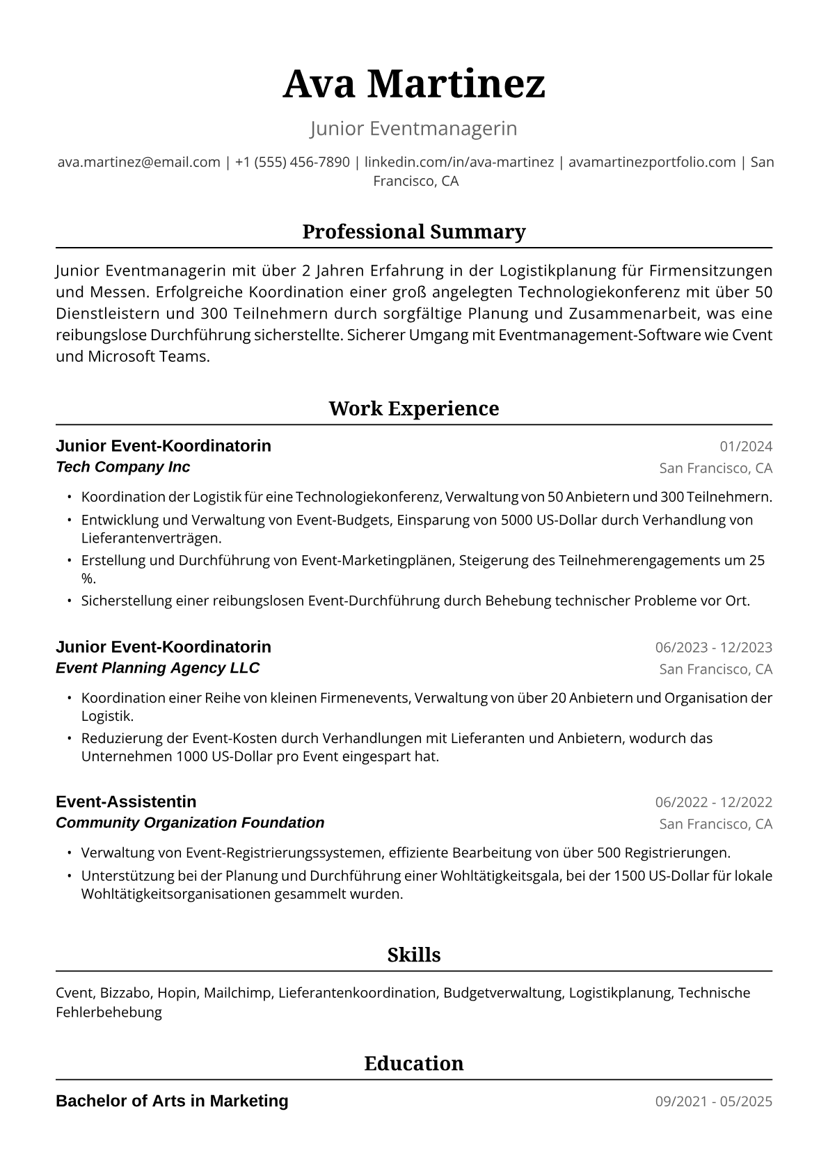 Lebenslauf-Beispiel für Junior Eventmanagerin