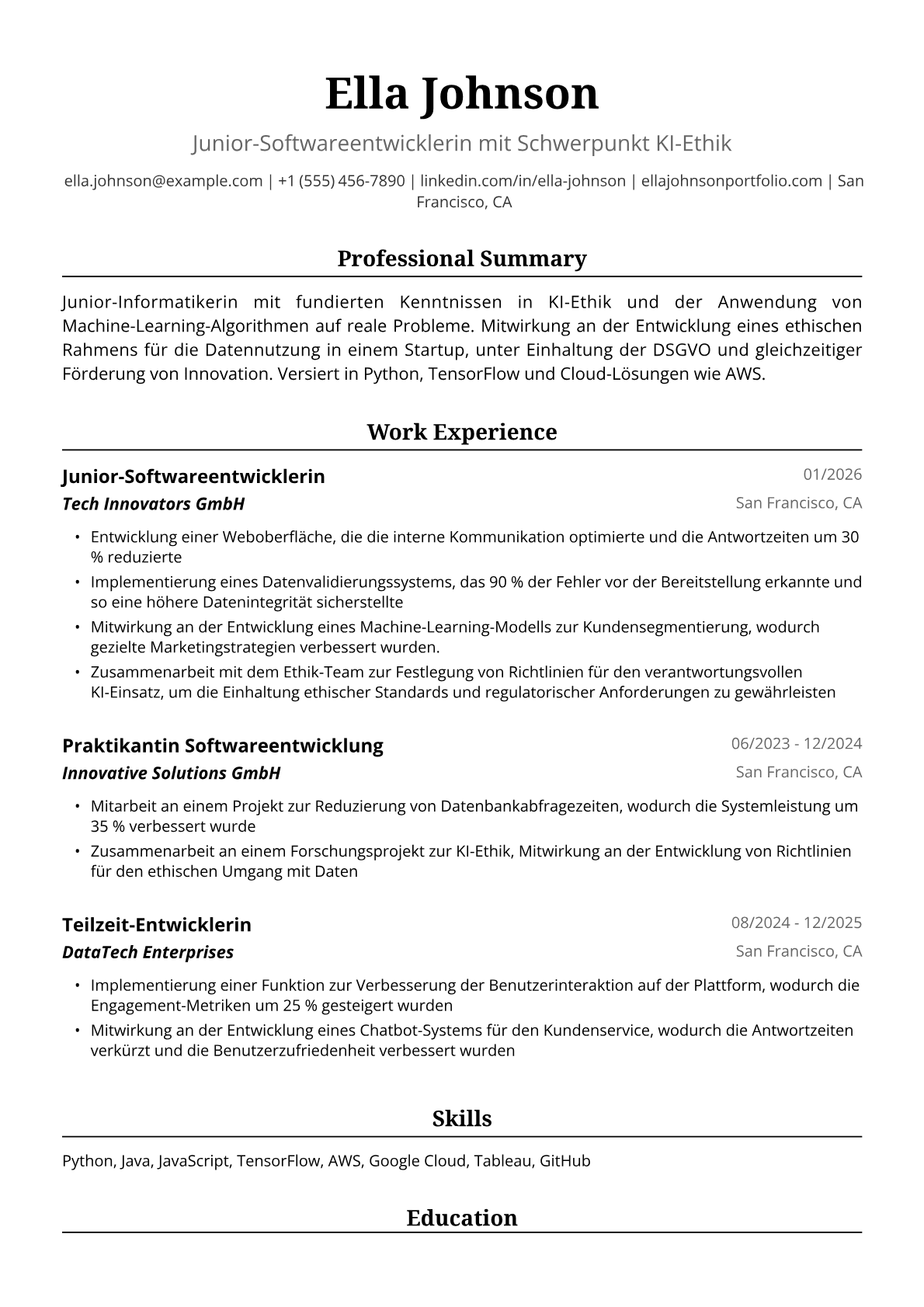 Lebenslauf-Beispiel für Junior Informatikerin