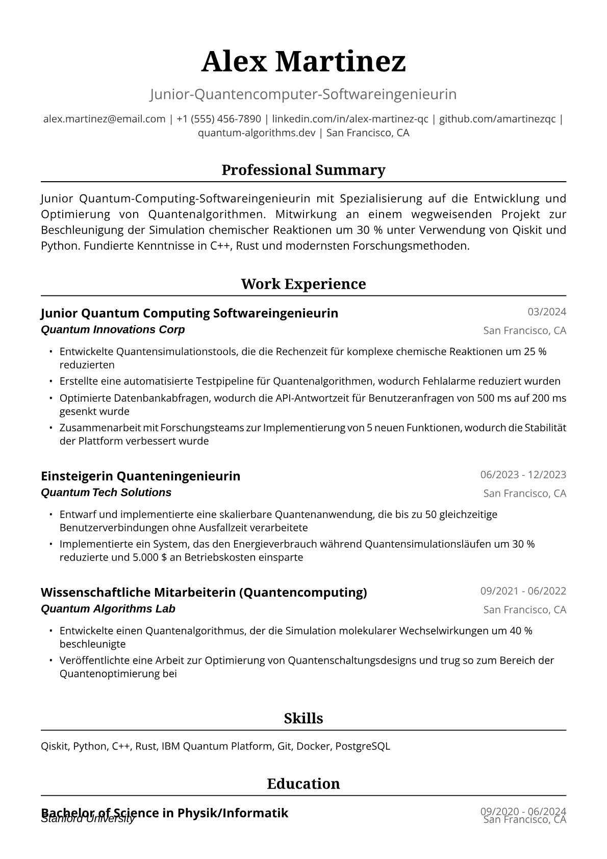 Lebenslauf-Beispiel für Junior-Ingenieurin