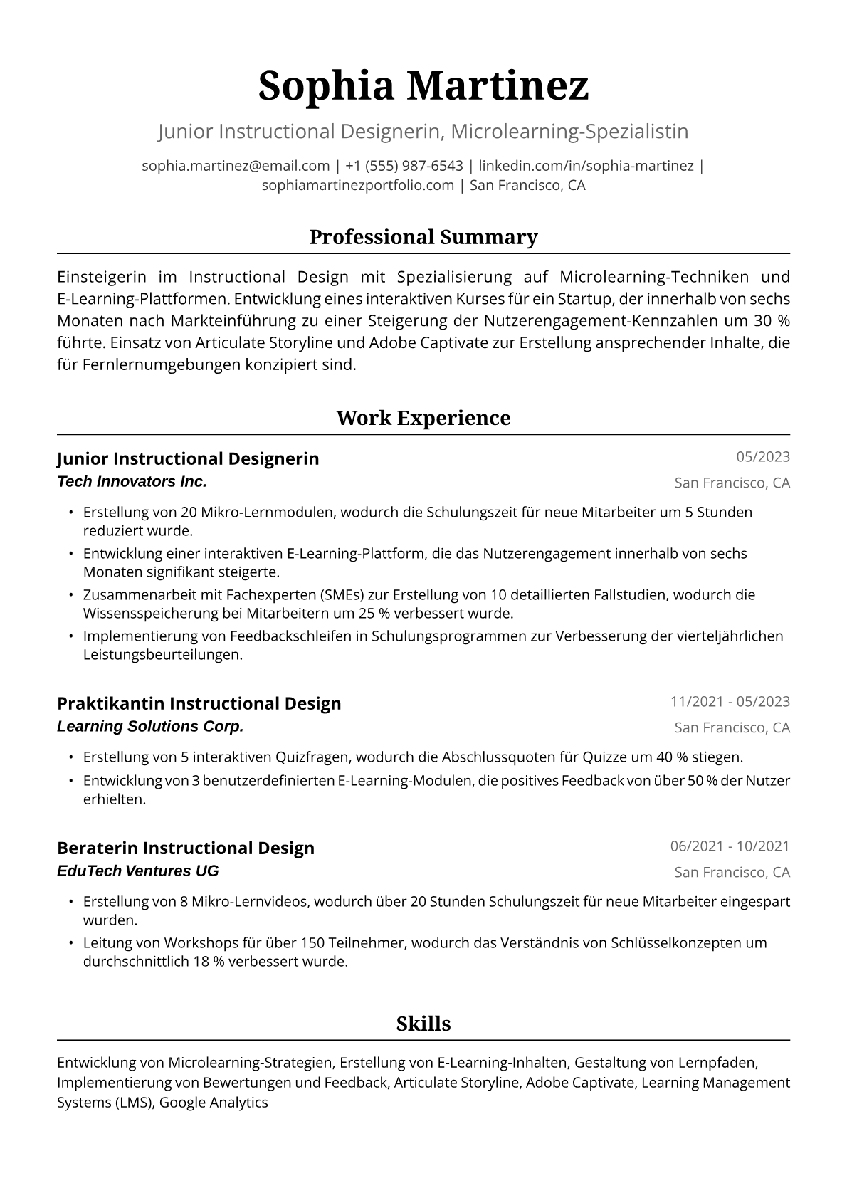 Lebenslauf-Beispiel für Junior Instructional Designerin