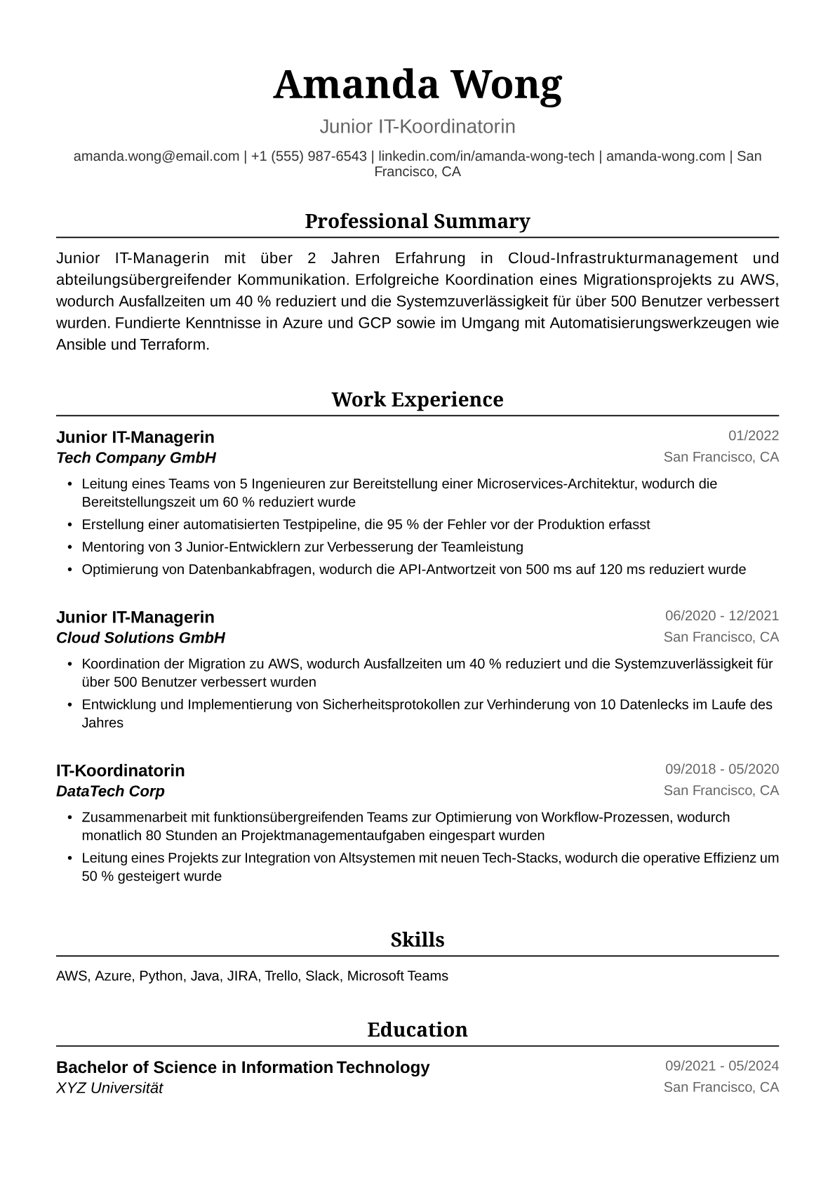 Lebenslauf-Beispiel für IT-Managerin (Junior)