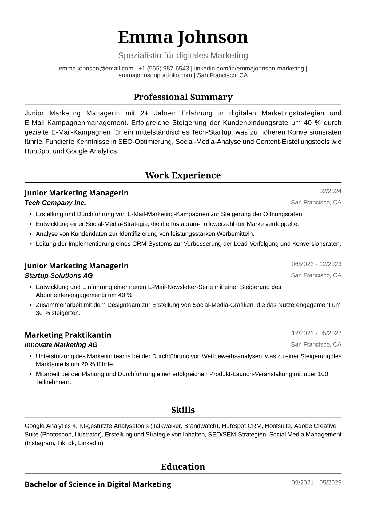 Lebenslauf Beispiel für Junior-Marketingmanagerin