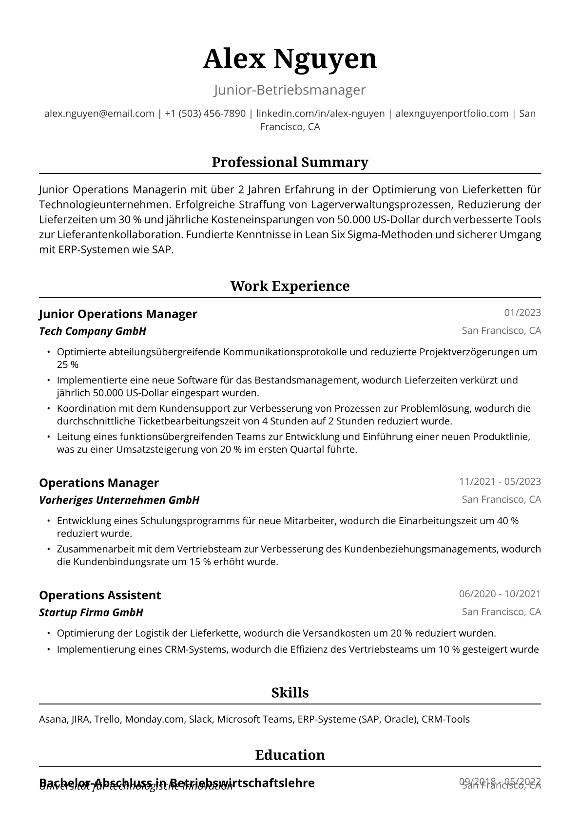 Lebenslauf Beispiel für Junior Operations Managerin
