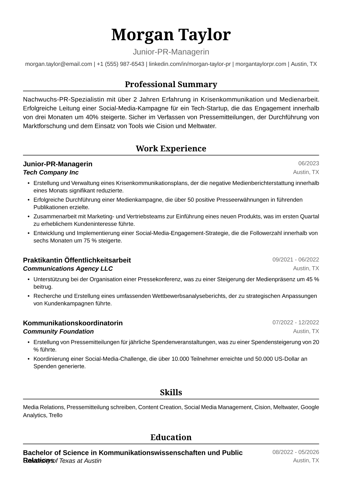 Lebenslauf Beispiel Junior-PR-Managerin