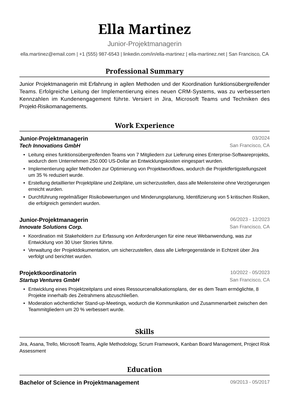 Lebenslauf Beispiel Junior Projektmanagerin