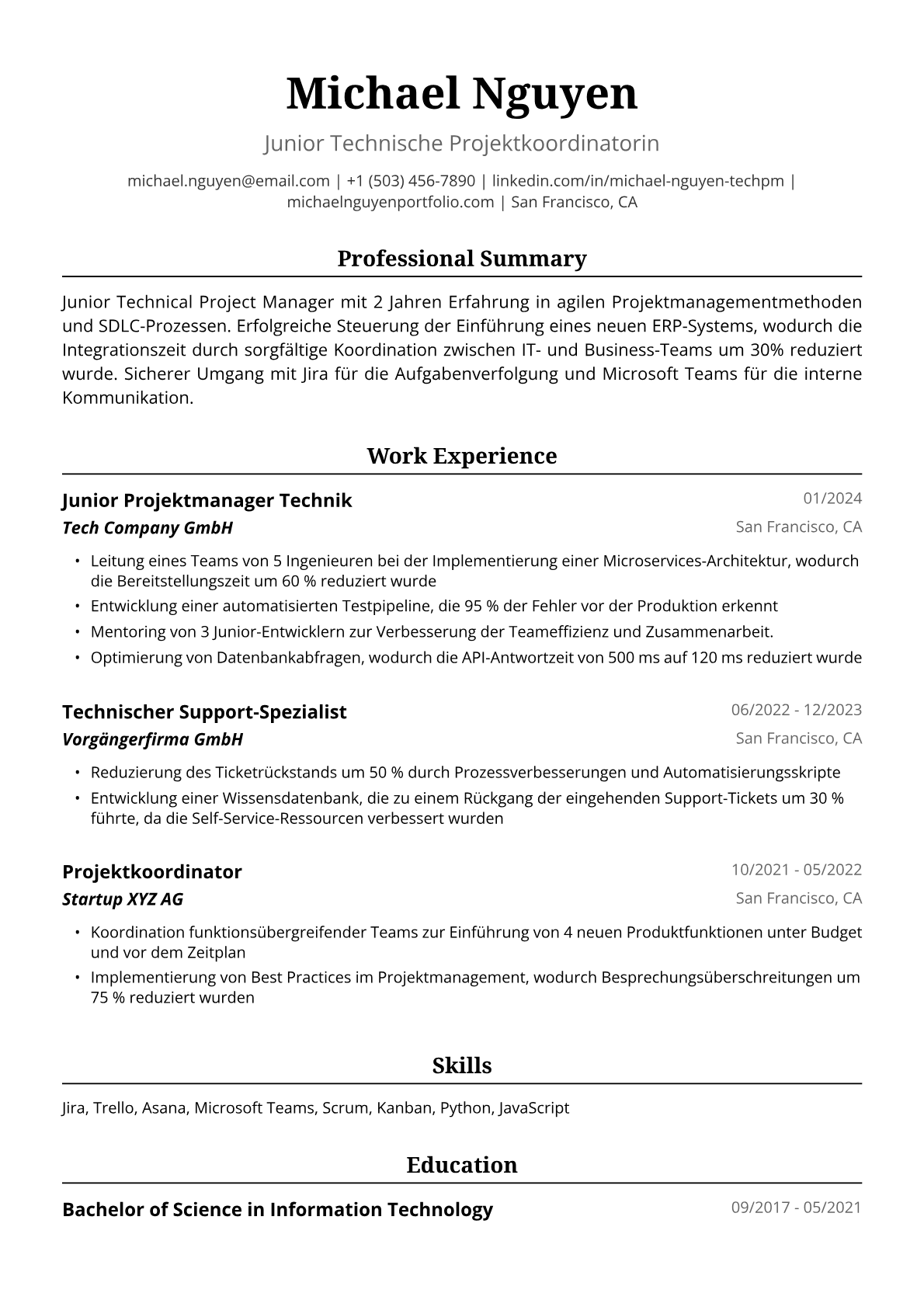 Lebenslauf Beispiel Junior Projektmanagerin Technik