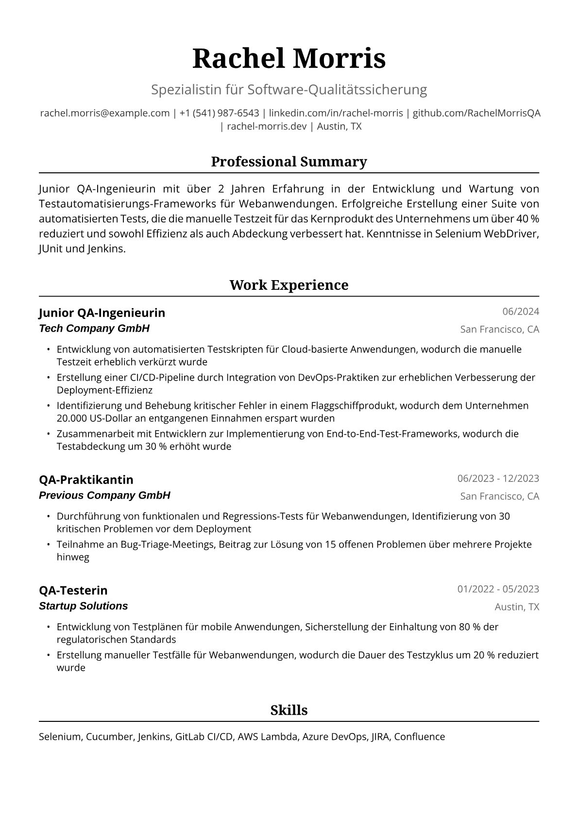 Lebenslauf Beispiel Junior QA-Ingenieurin