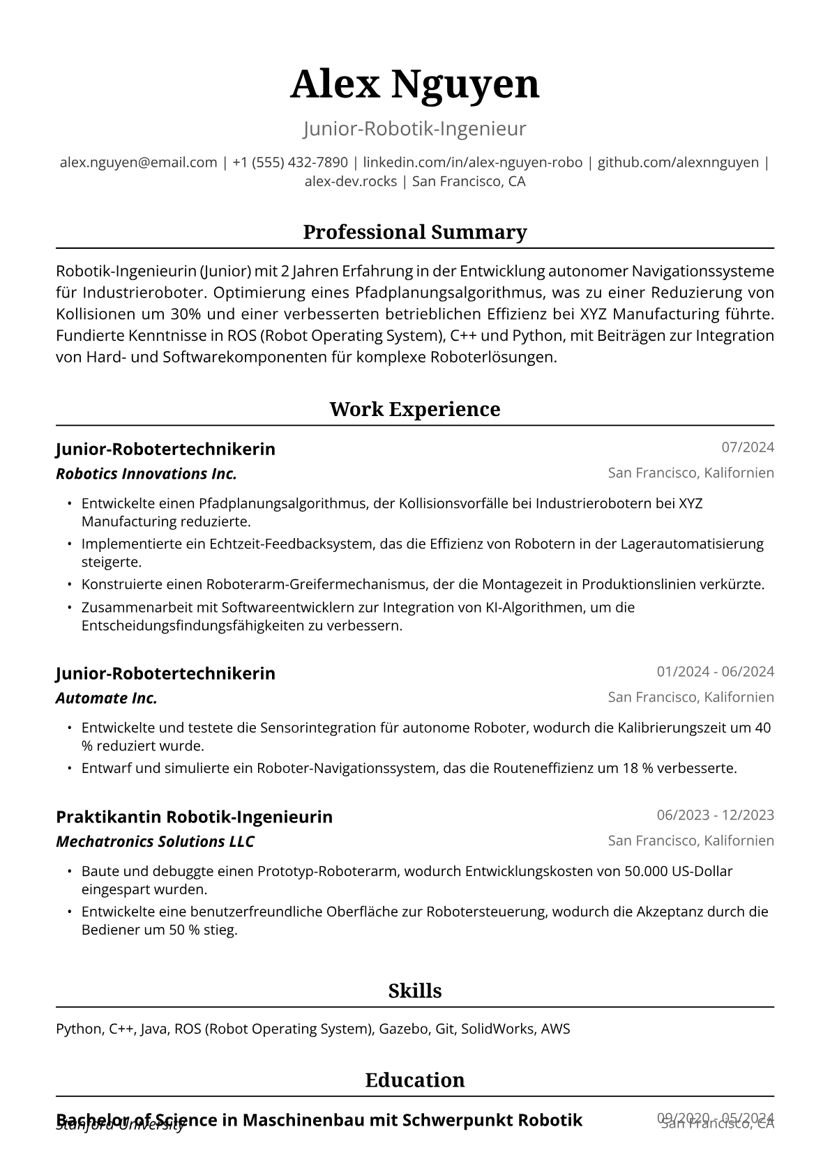 Lebenslauf Beispiel für Junior-Robotik-Ingenieurin