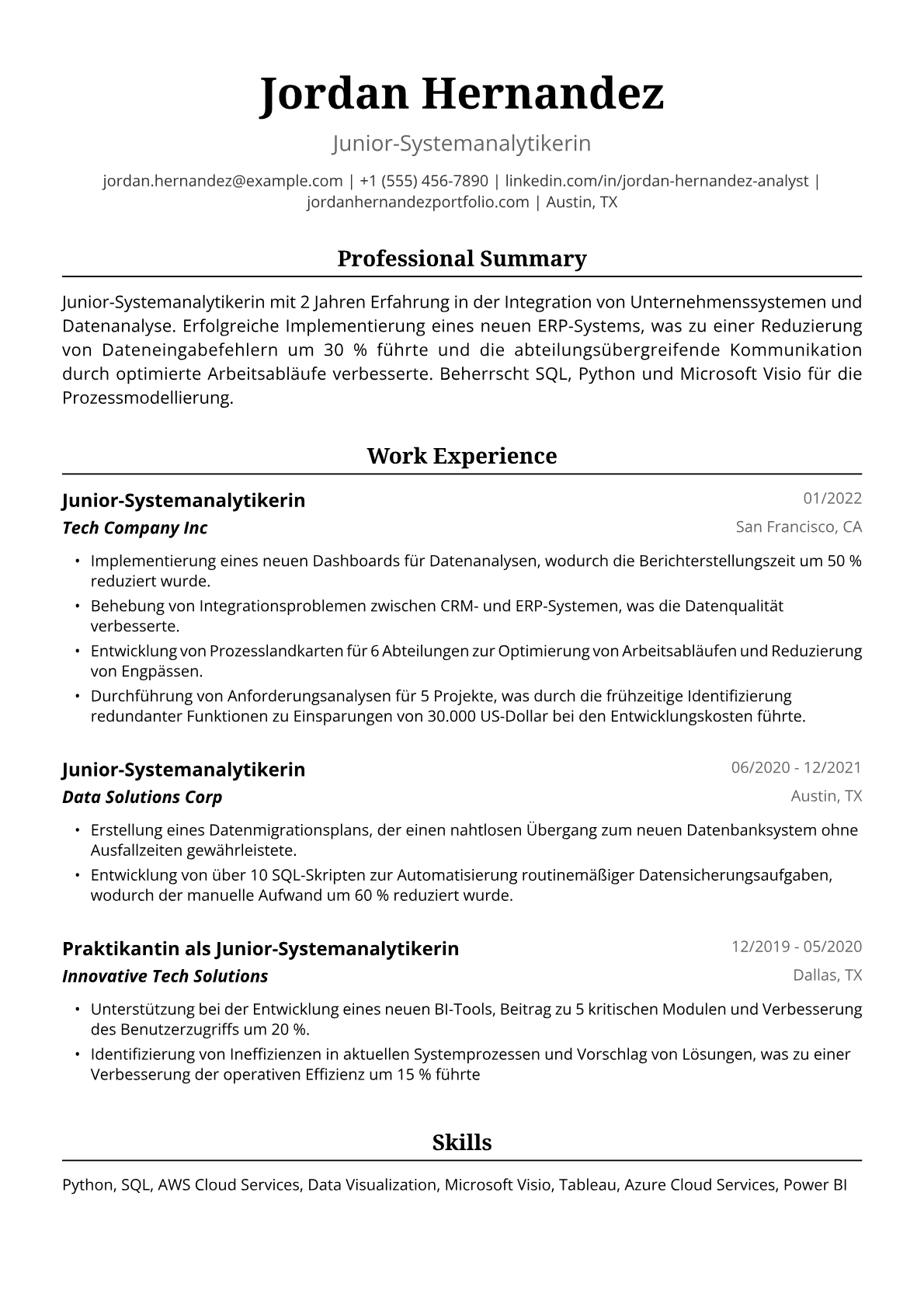 Lebenslauf Beispiel Junior-Systemanalytikerin