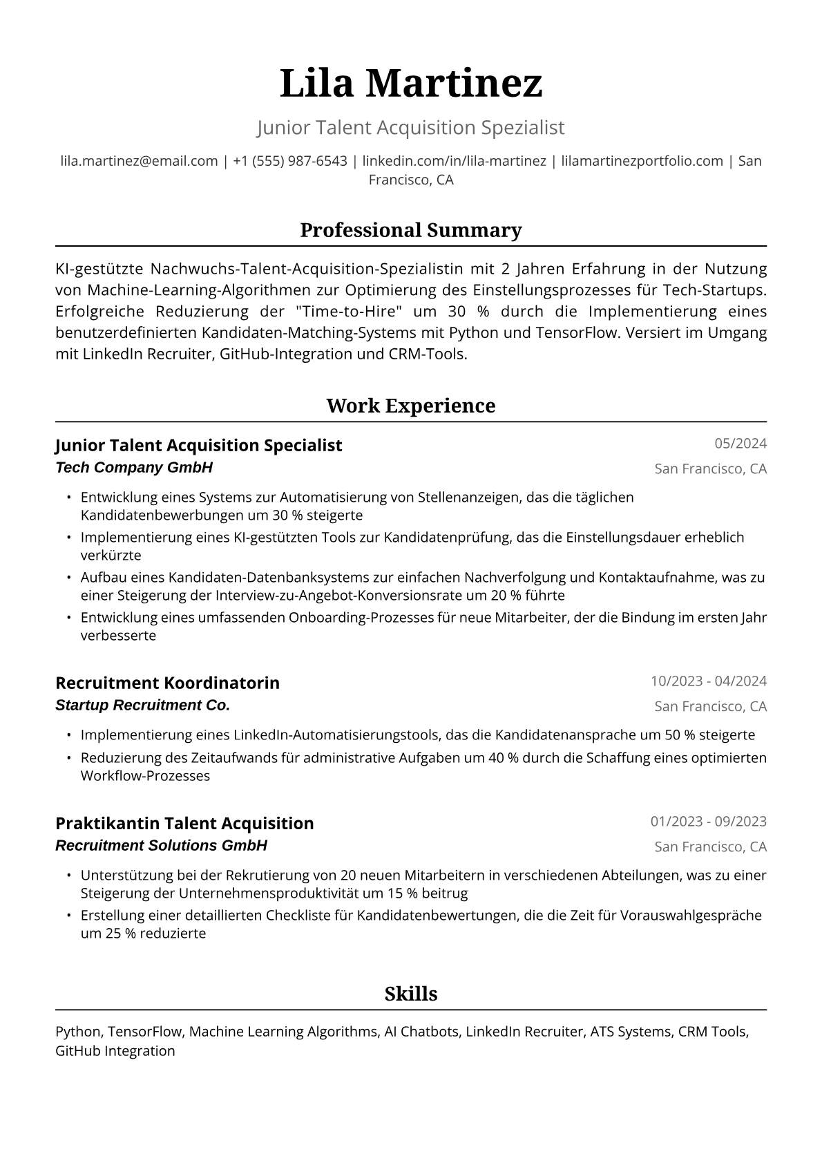 Lebenslauf-Beispiel für Junior Talent-Acquisition-Managerin