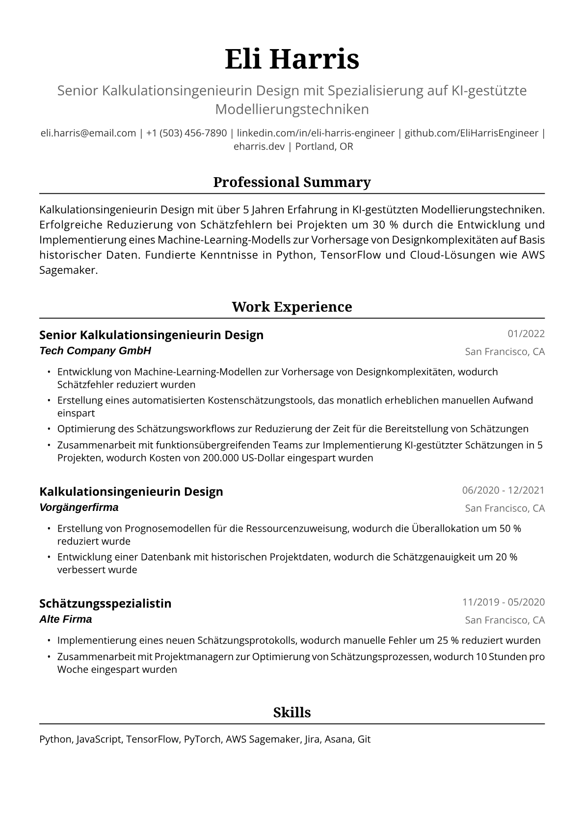 Beispiel-Lebenslauf: Kalkulationsingenieurin Design
