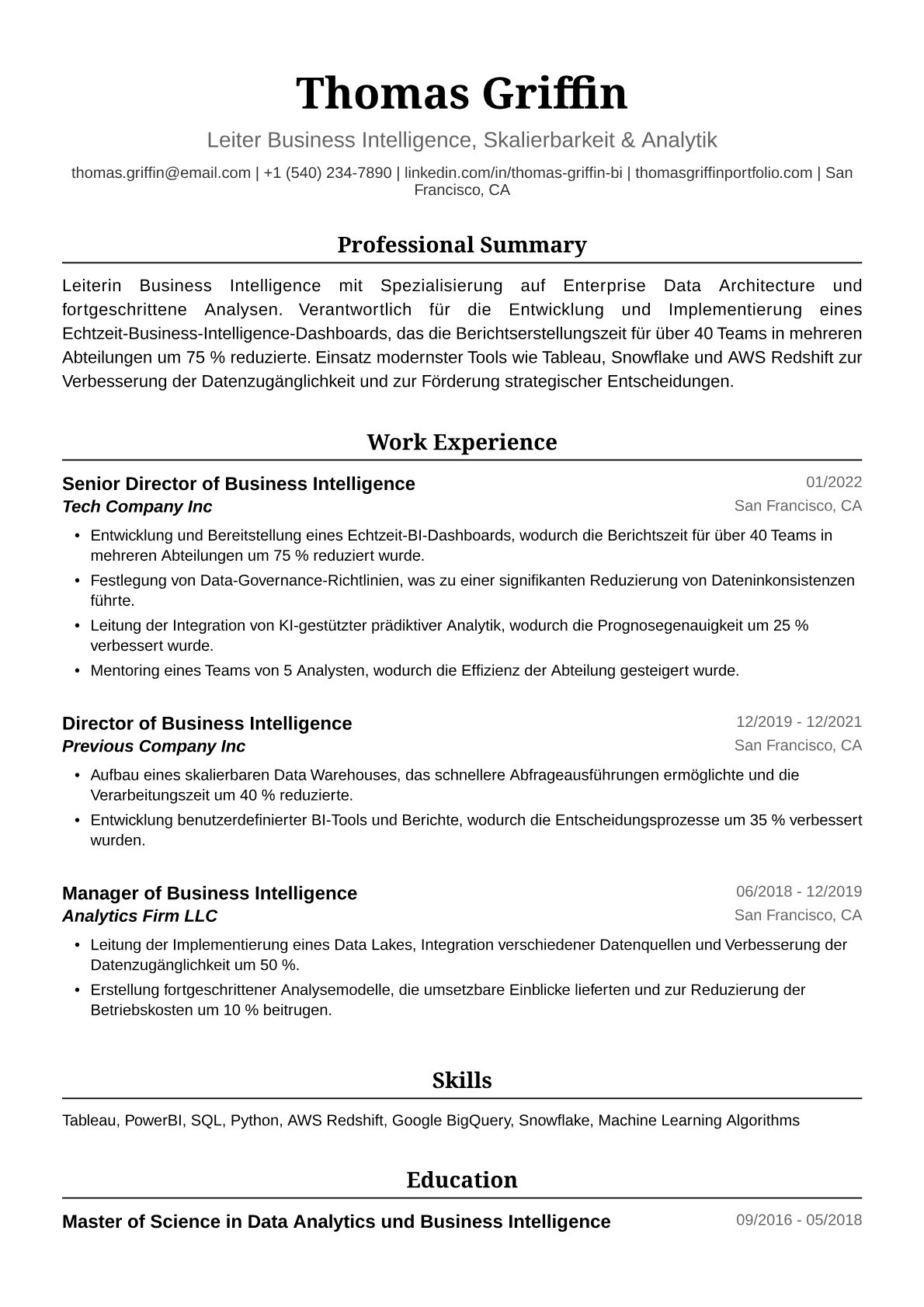 Lebenslauf Beispiel: Leiterin Business Intelligence