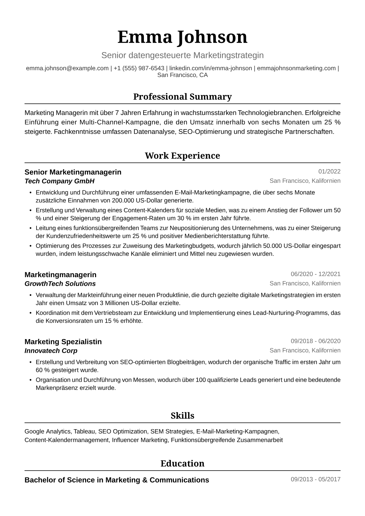 Marketingmanagerin Lebenslauf Beispiel