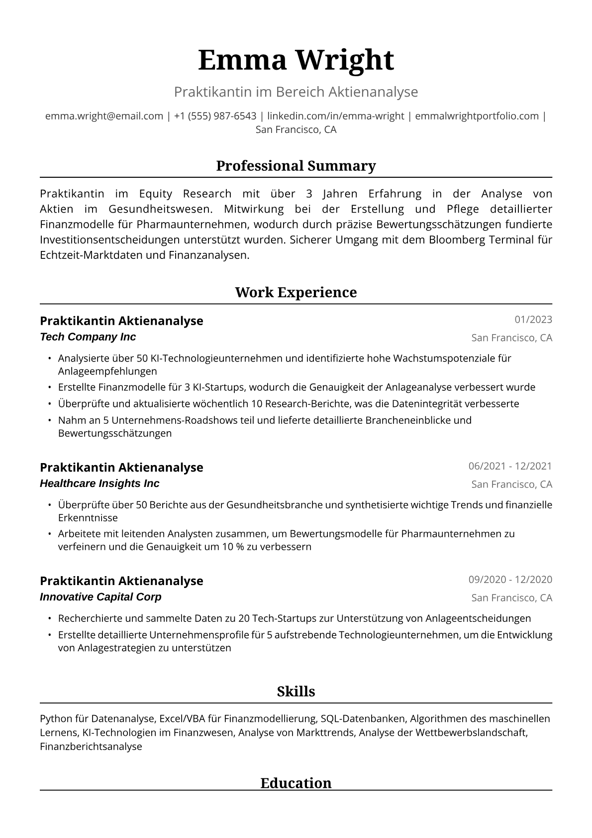 Lebenslauf Beispiel Praktikantin Equity Research