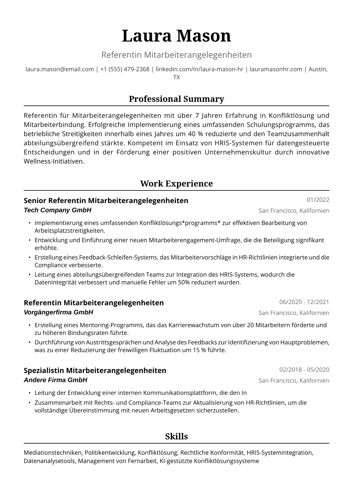 Referentin Mitarbeiterangelegenheiten Lebenslauf Beispiel