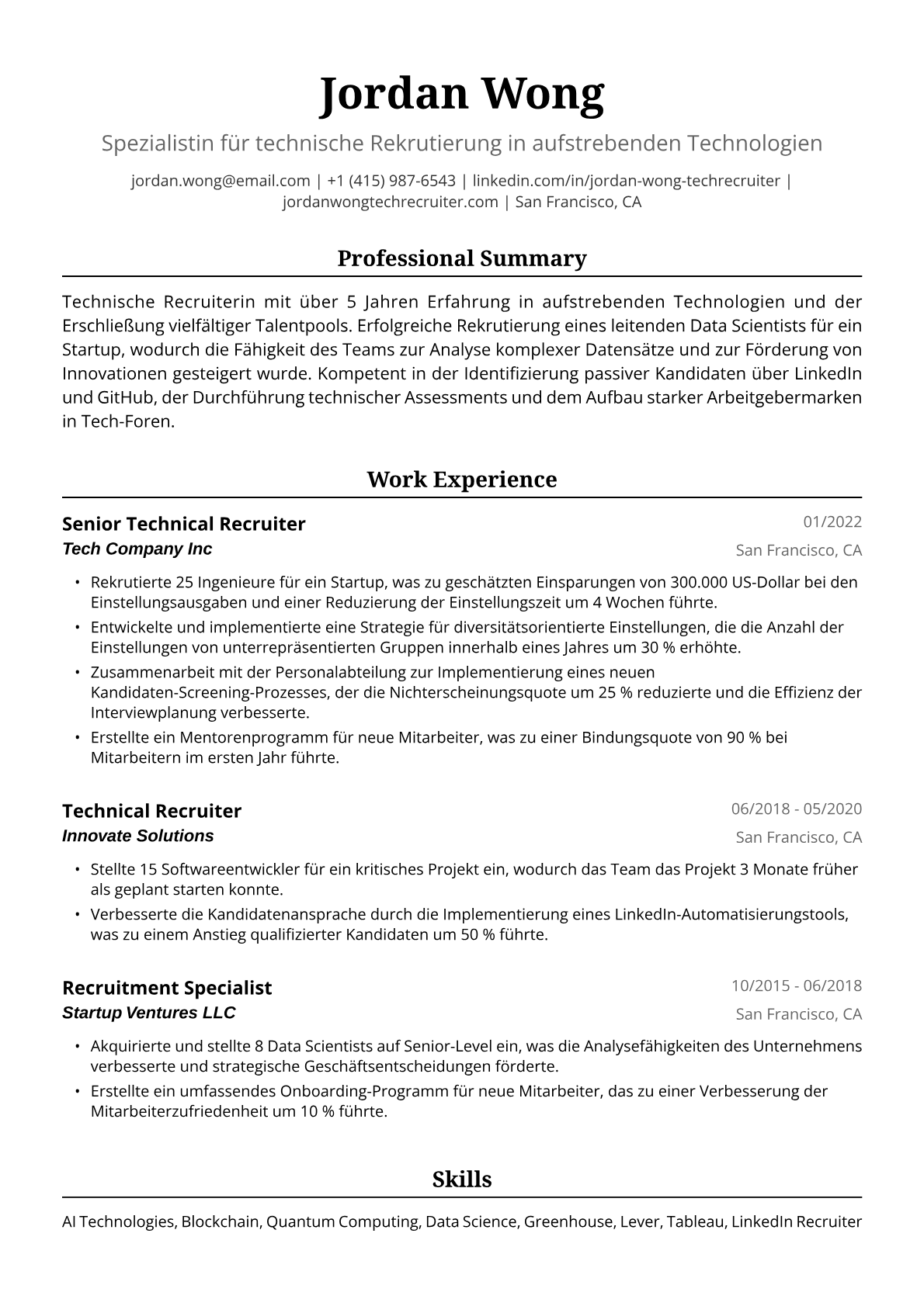 Lebenslaufmuster für technische Recruiterin
