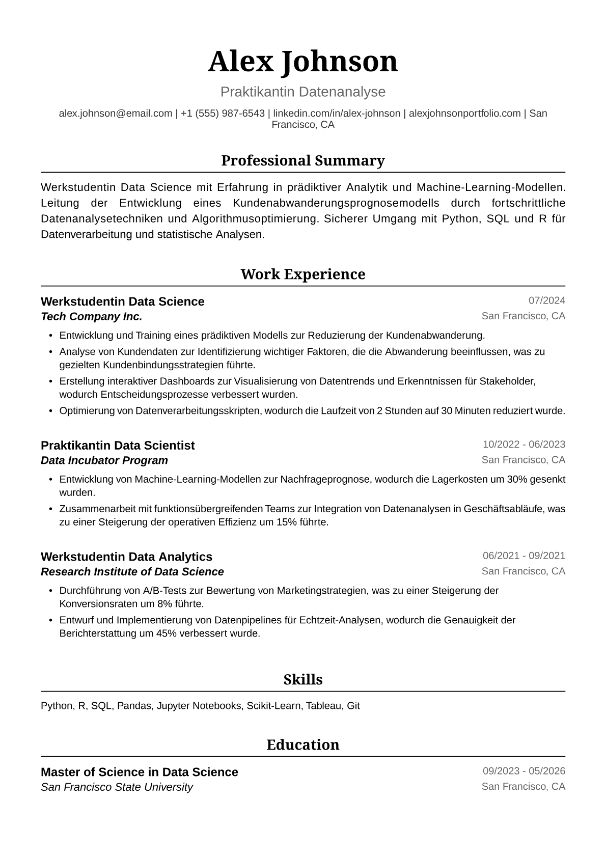 Lebenslauf-Beispiel Werkstudentin Data Science