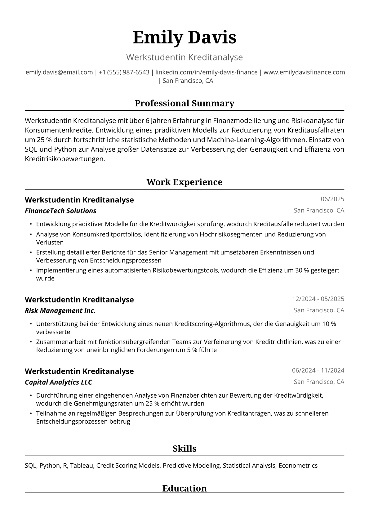Beispiel-Lebenslauf für Werkstudentin Kreditanalyse