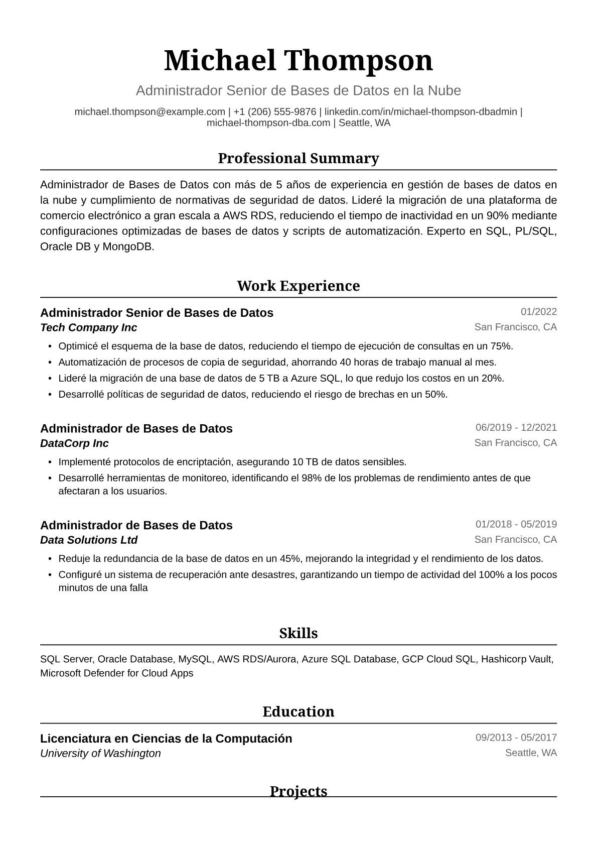 Ejemplo de Currículum de Administrador de Bases de Datos