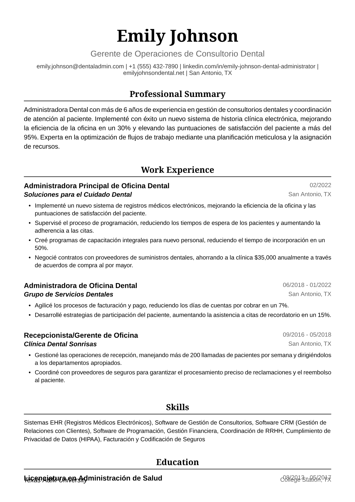 Ejemplo de Currículum de Administradora de Oficina Dental