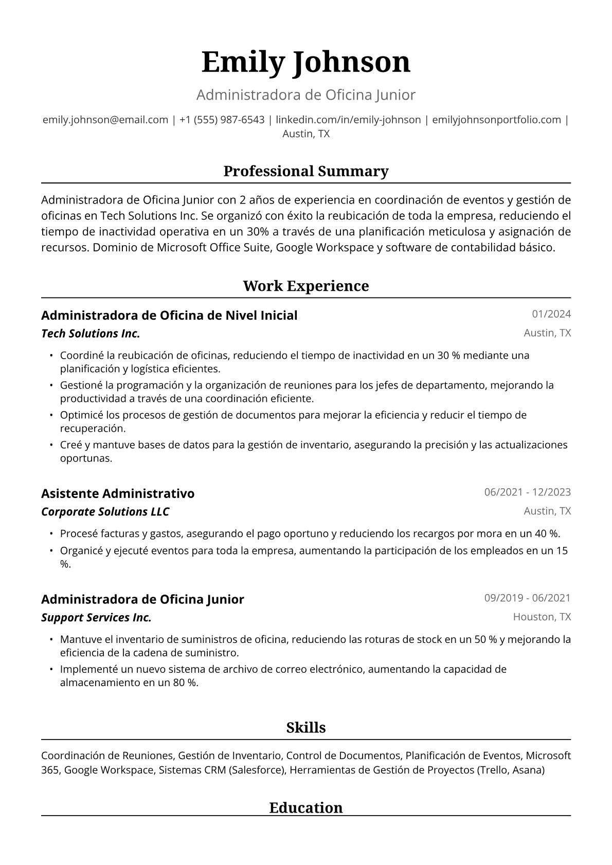 Ejemplo de Currículum de Administradora de Oficina Junior