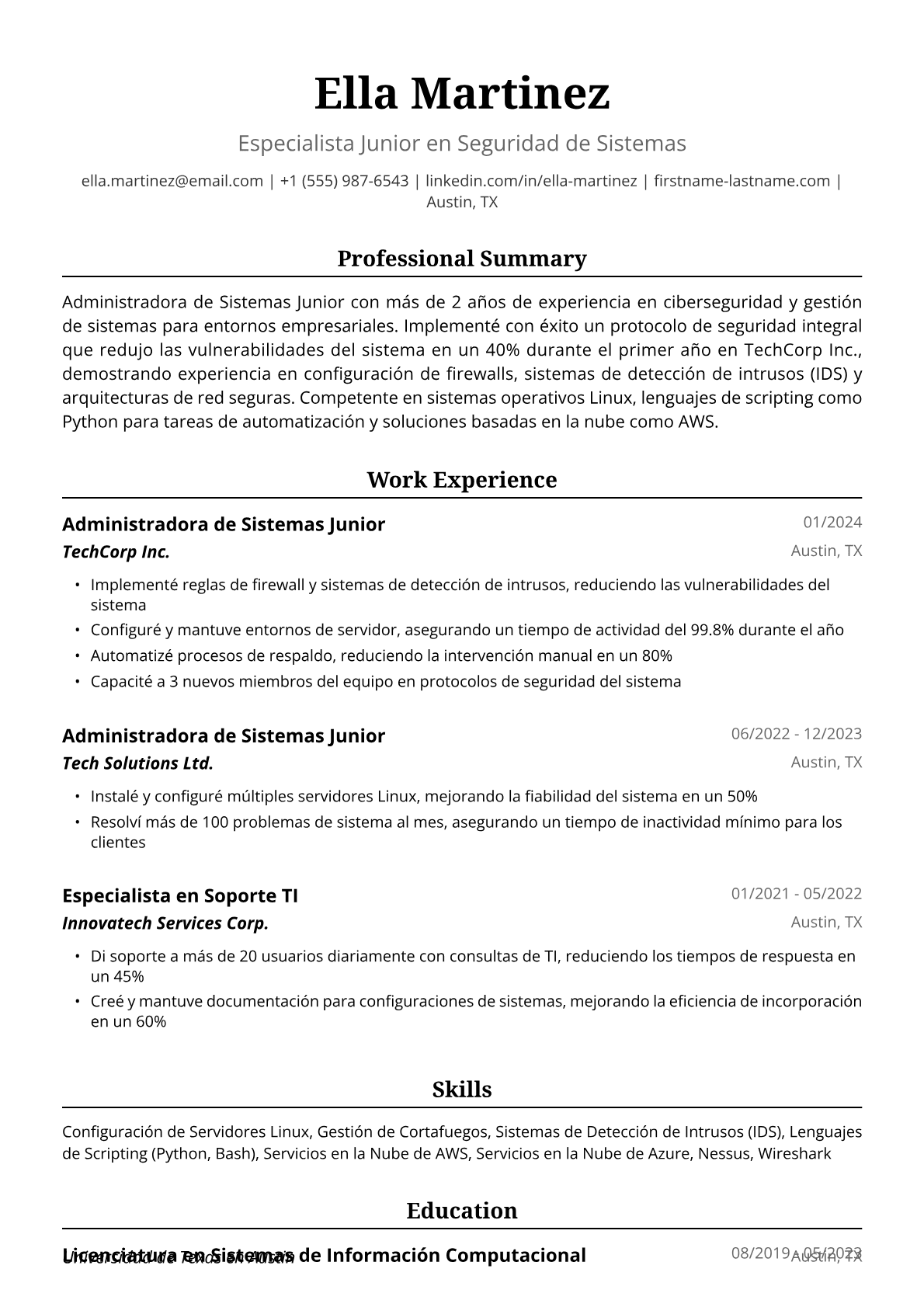 Ejemplo de Currículum de Administradora de Sistemas Junior