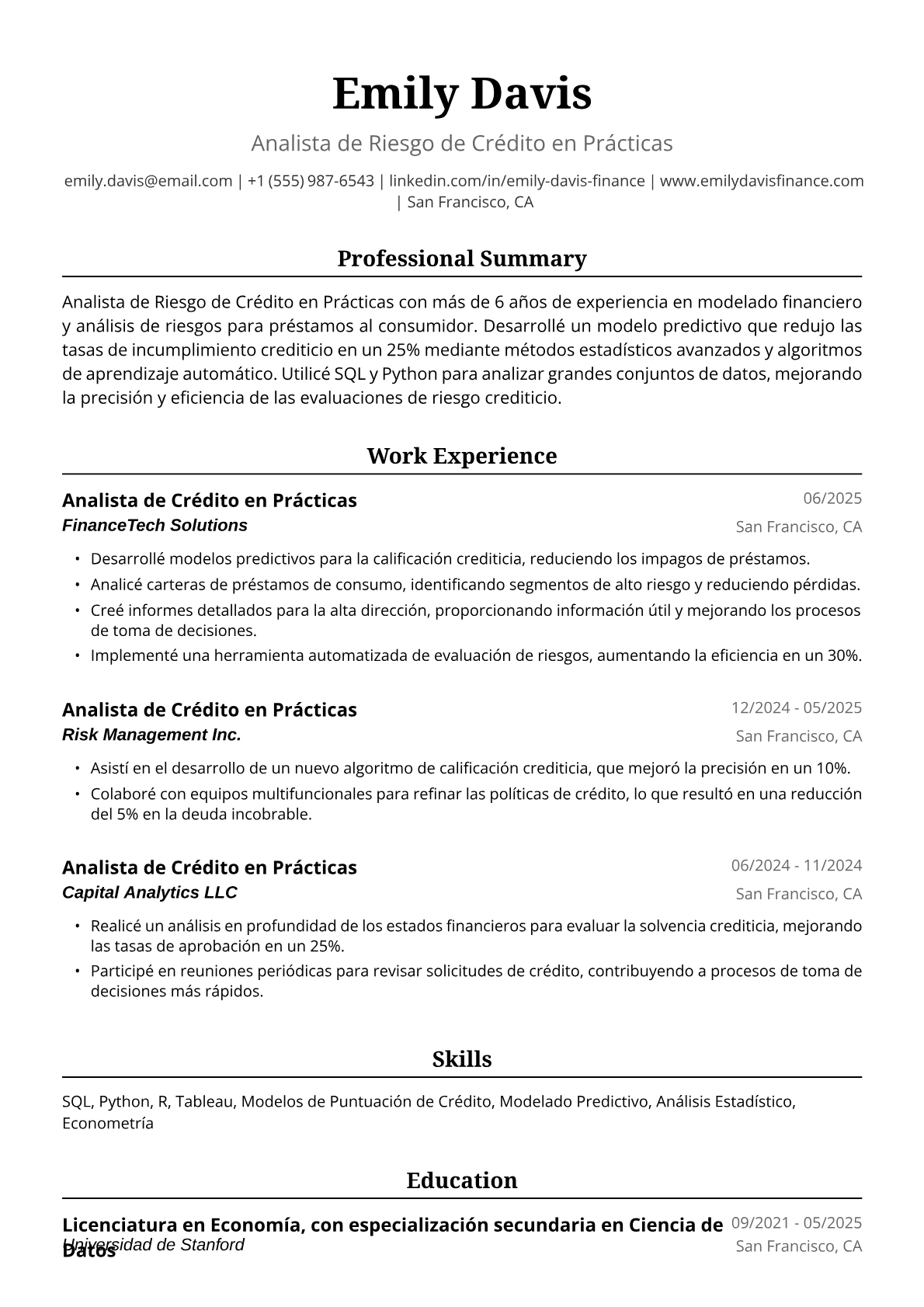 Ejemplo de Currículum de Analista de Crédito en Prácticas