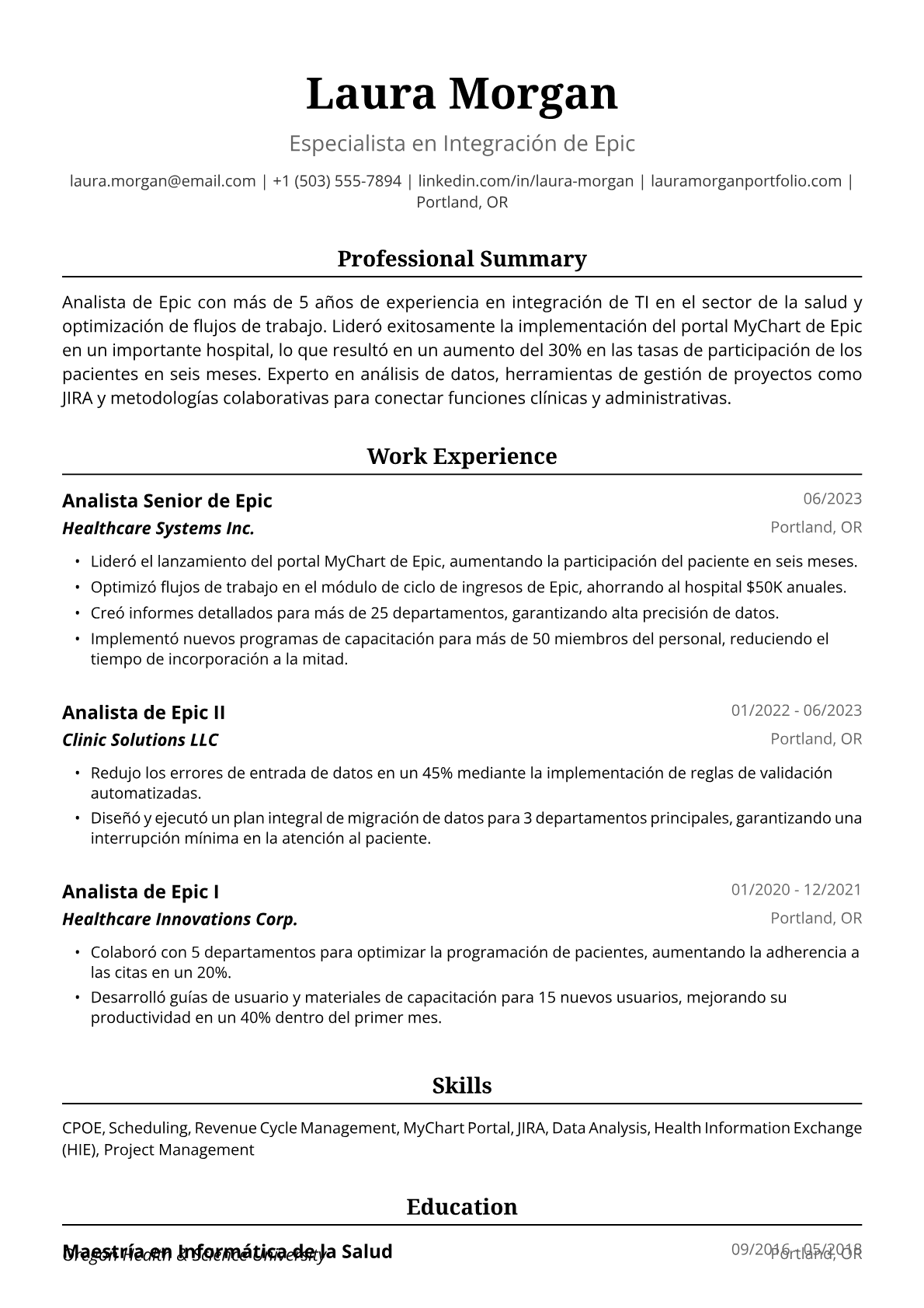 Ejemplo de Currículum de Analista de Epic