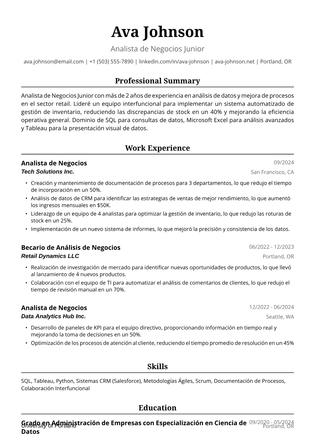 Ejemplo de Currículum para Analista de Negocios Junior