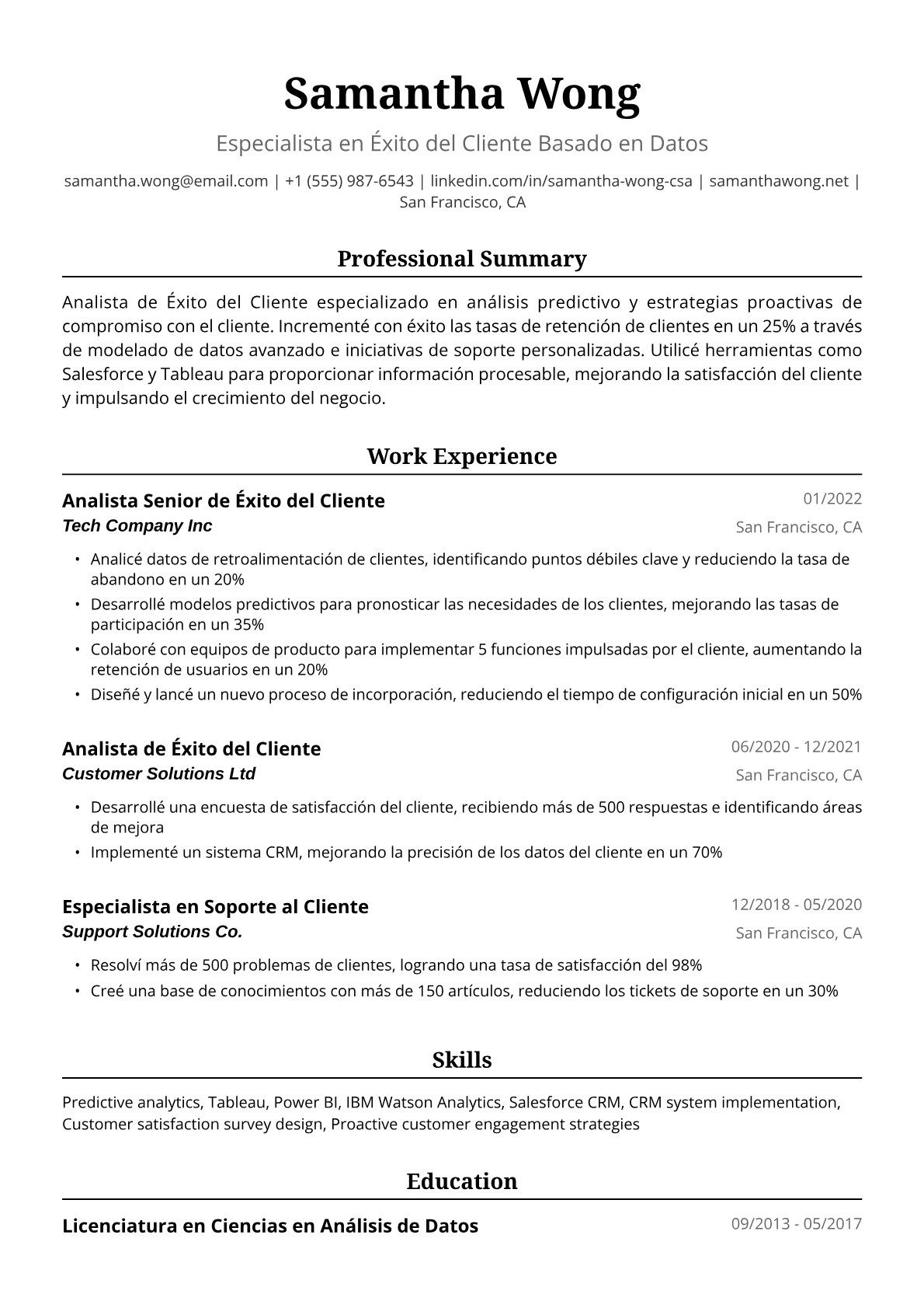 Ejemplo de Currículum de Analista de Éxito del Cliente