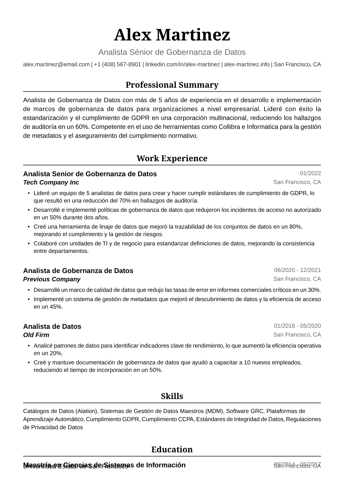 Ejemplo de Currículum para Analista de Gobernanza de Datos