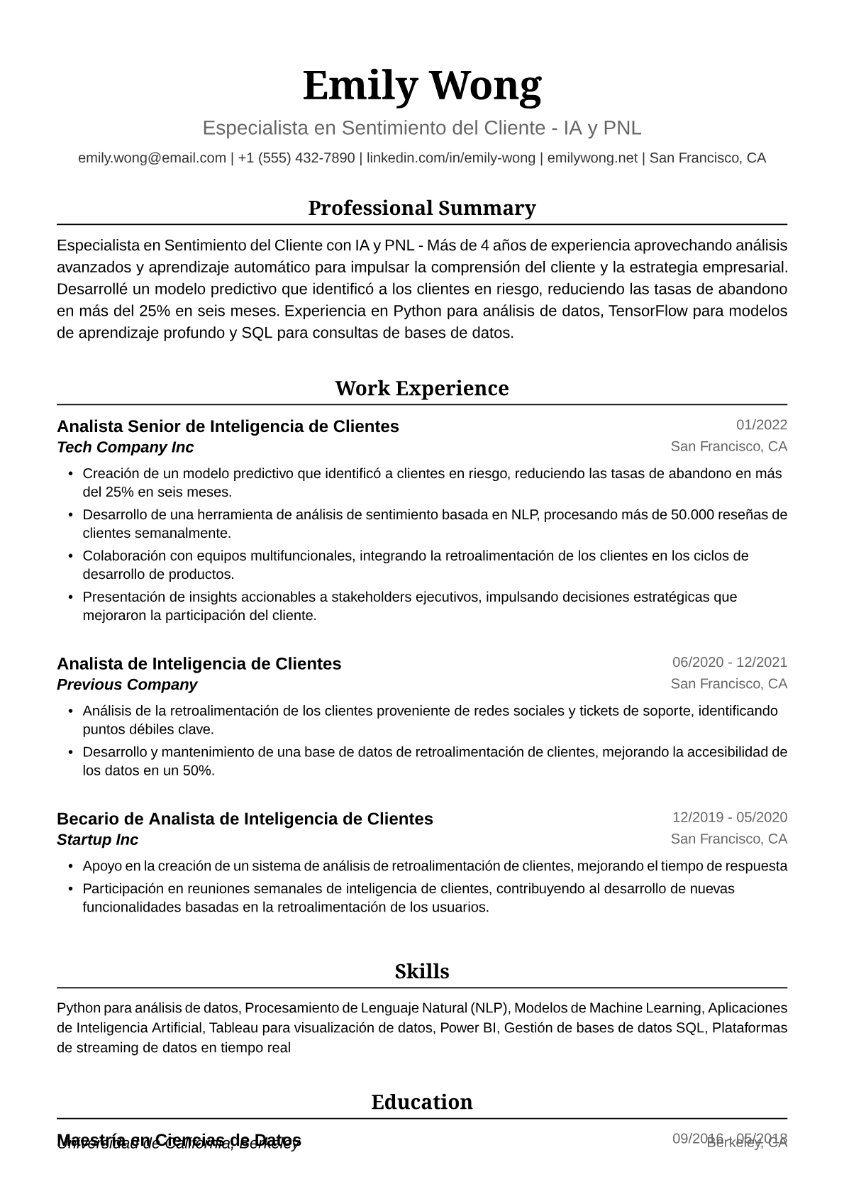Ejemplo de Currículum Vitae de Analista de Inteligencia de Clientes