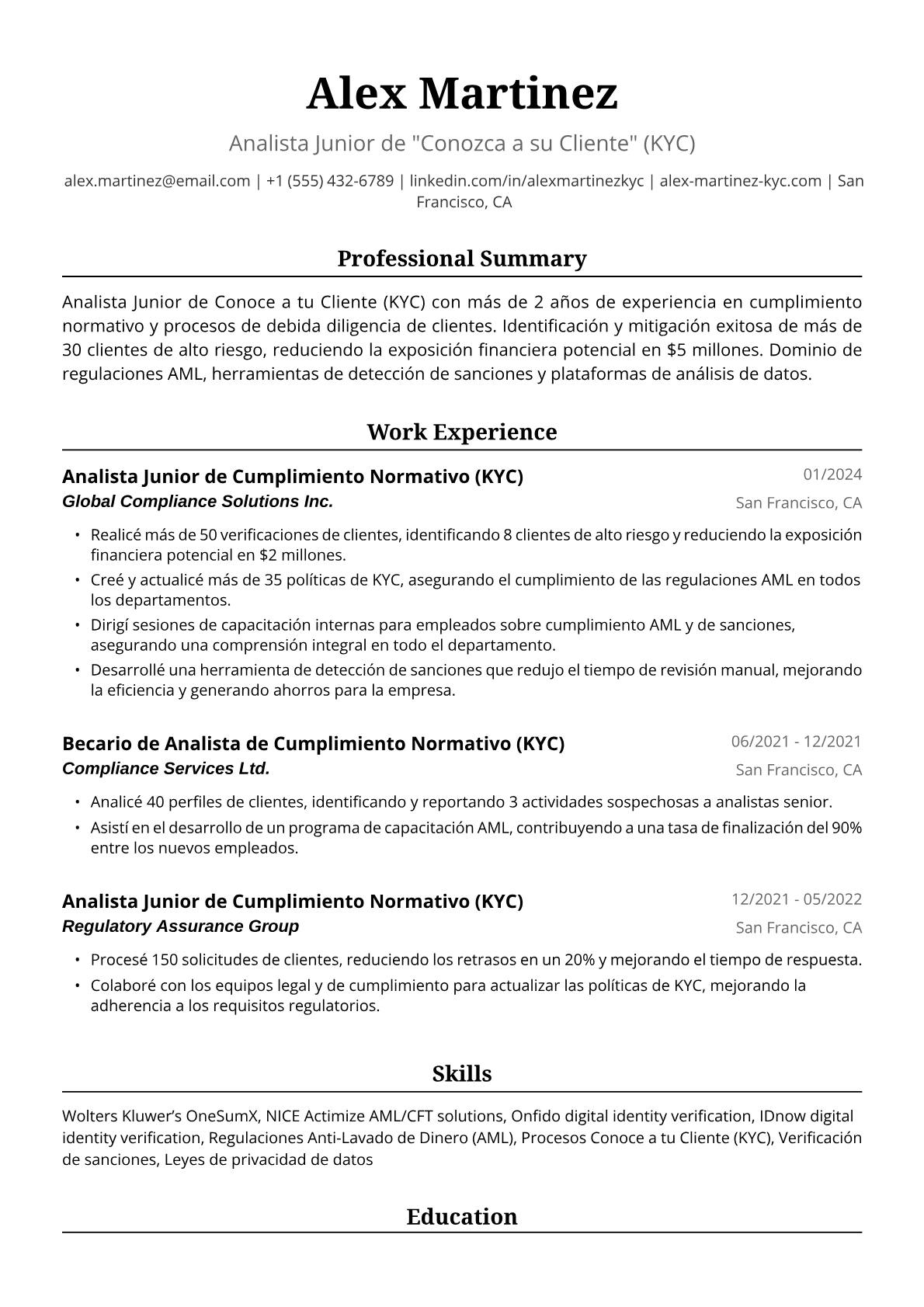 Ejemplo de Currículum para Analista KYC Junior