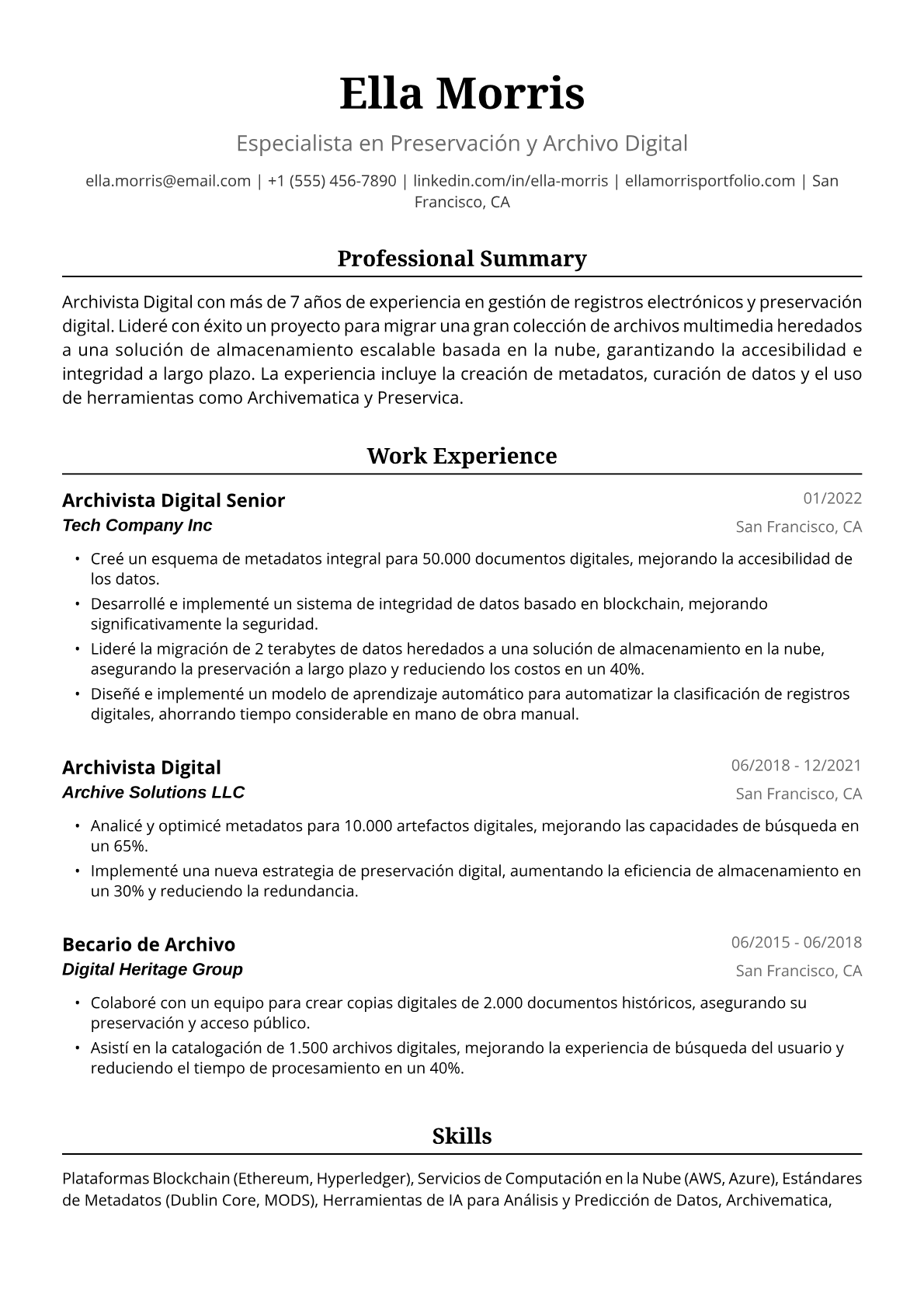 Ejemplo de Currículum de Archivista Digital