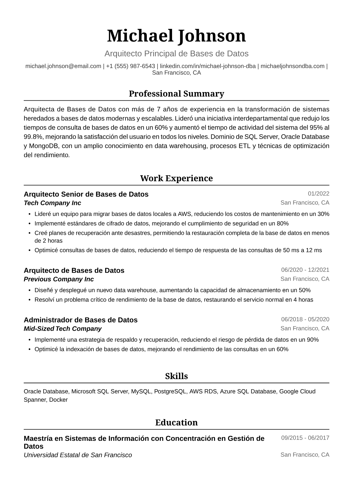 Ejemplo de Currículum Vitae de Arquitecta de Bases de Datos
