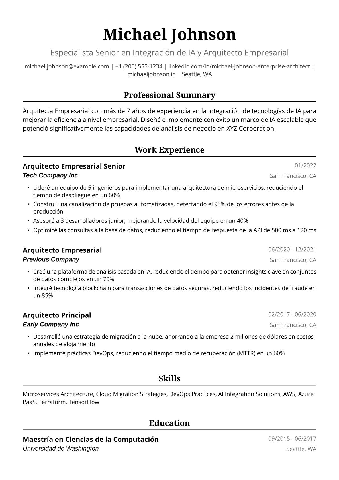 Ejemplo de Currículum de Arquitecta de Soluciones Empresariales