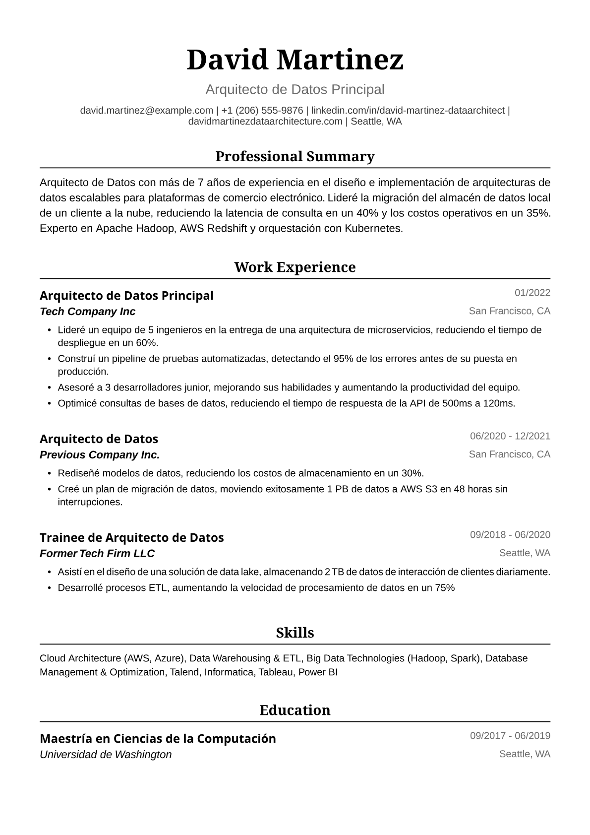 Ejemplo de Currículum de Arquitecto de Datos