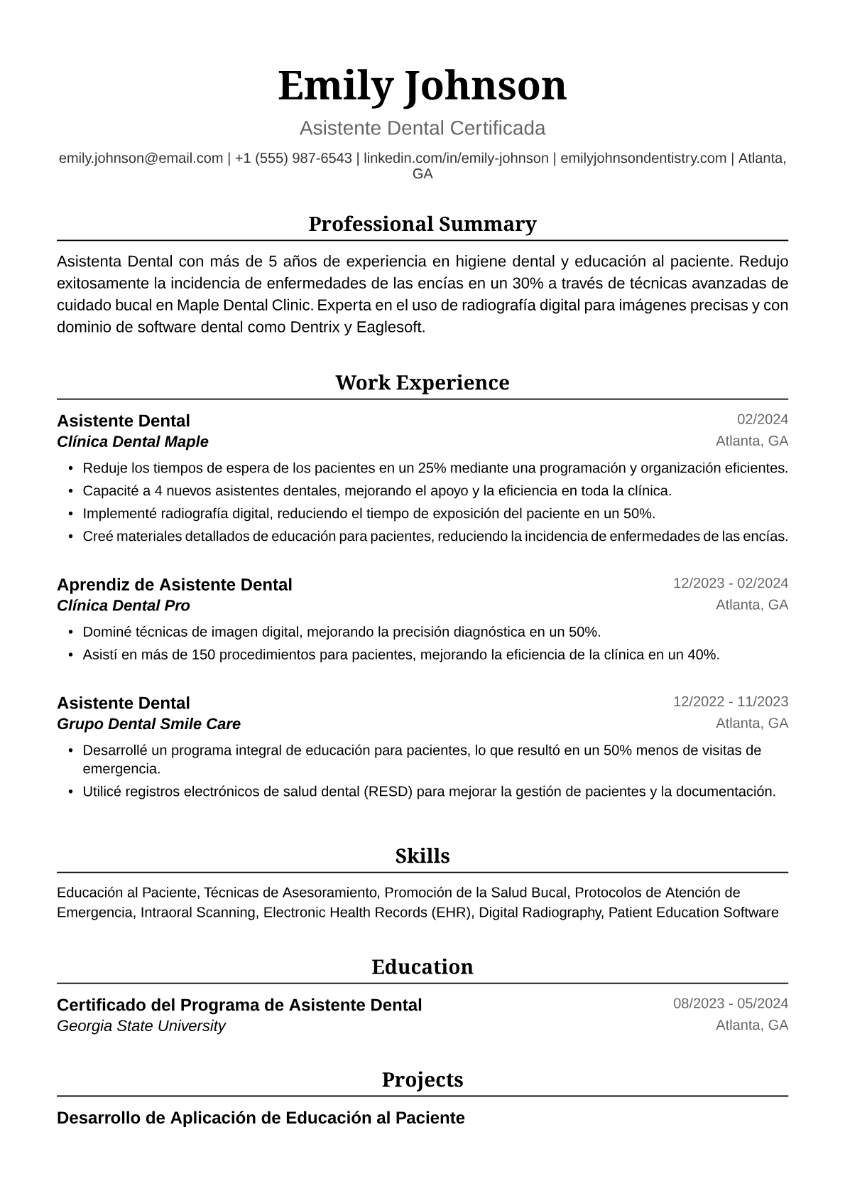 Ejemplo de Currículum de Asistenta Dental