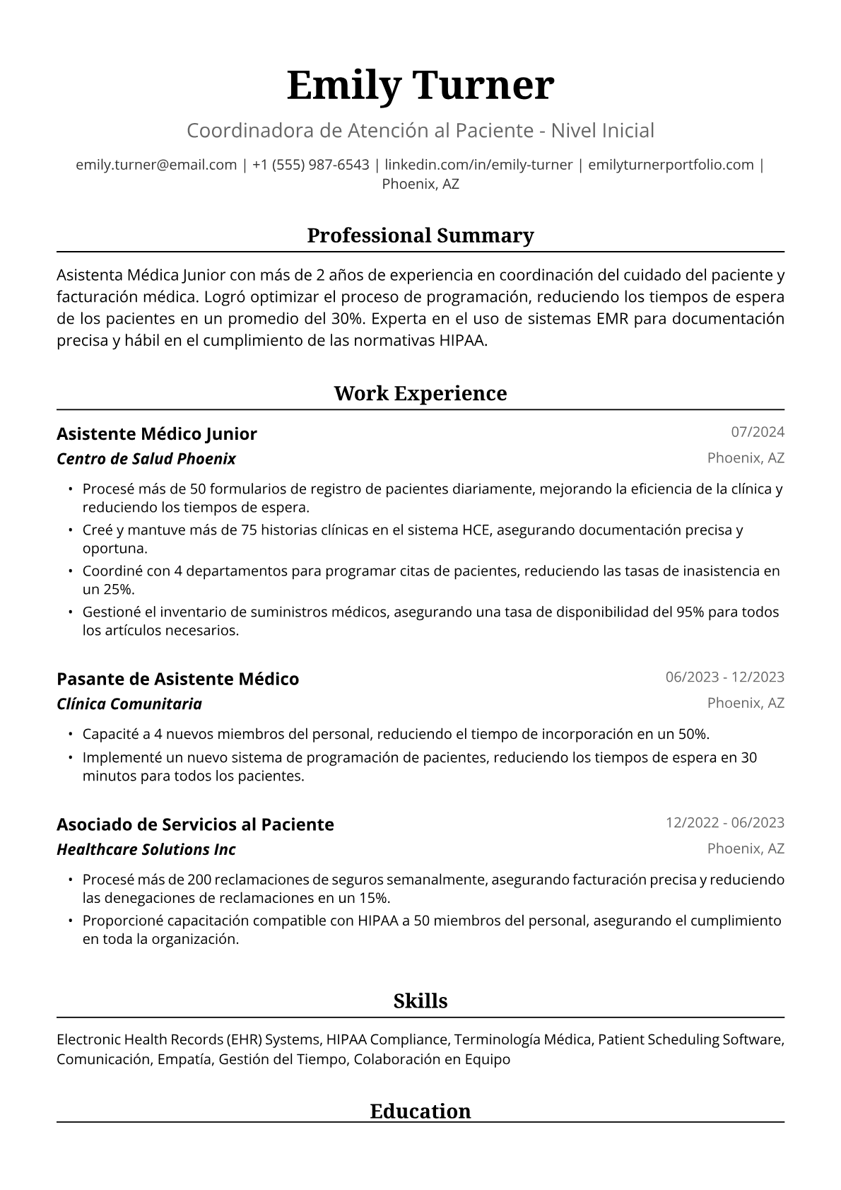 Ejemplo de Currículum Vitae de Asistenta Médica Junior