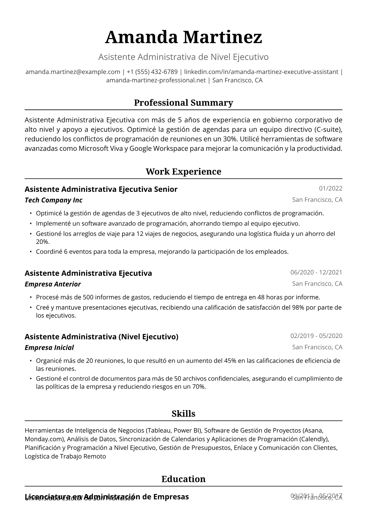 Ejemplo de Currículum de Asistente Administrativa Ejecutiva