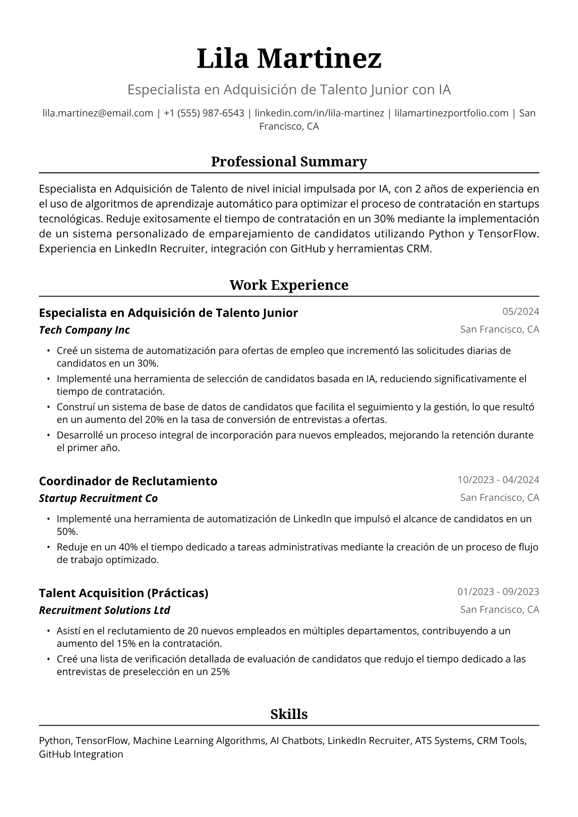 Ejemplo de Currículum para Asistente de Adquisición de Talento Nivel de Entrada