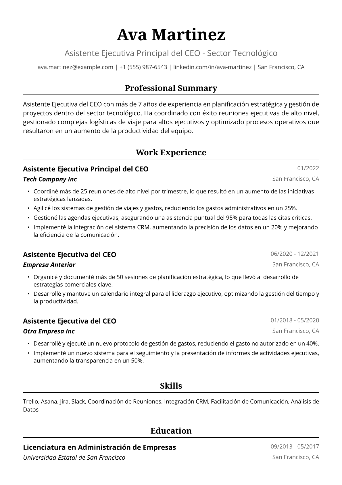 Ejemplo de Currículum Vitae de Asistente Ejecutiva del CEO