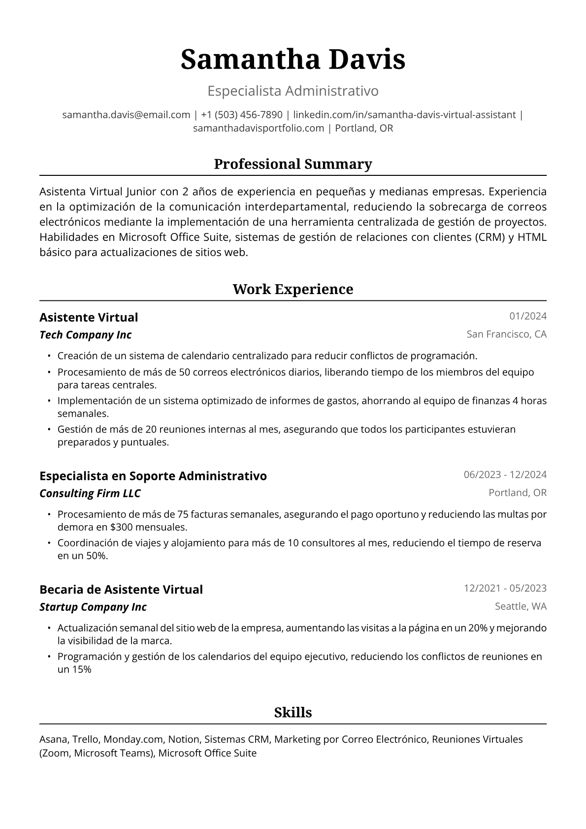 Ejemplo de Currículum de Asistente Virtual Junior
