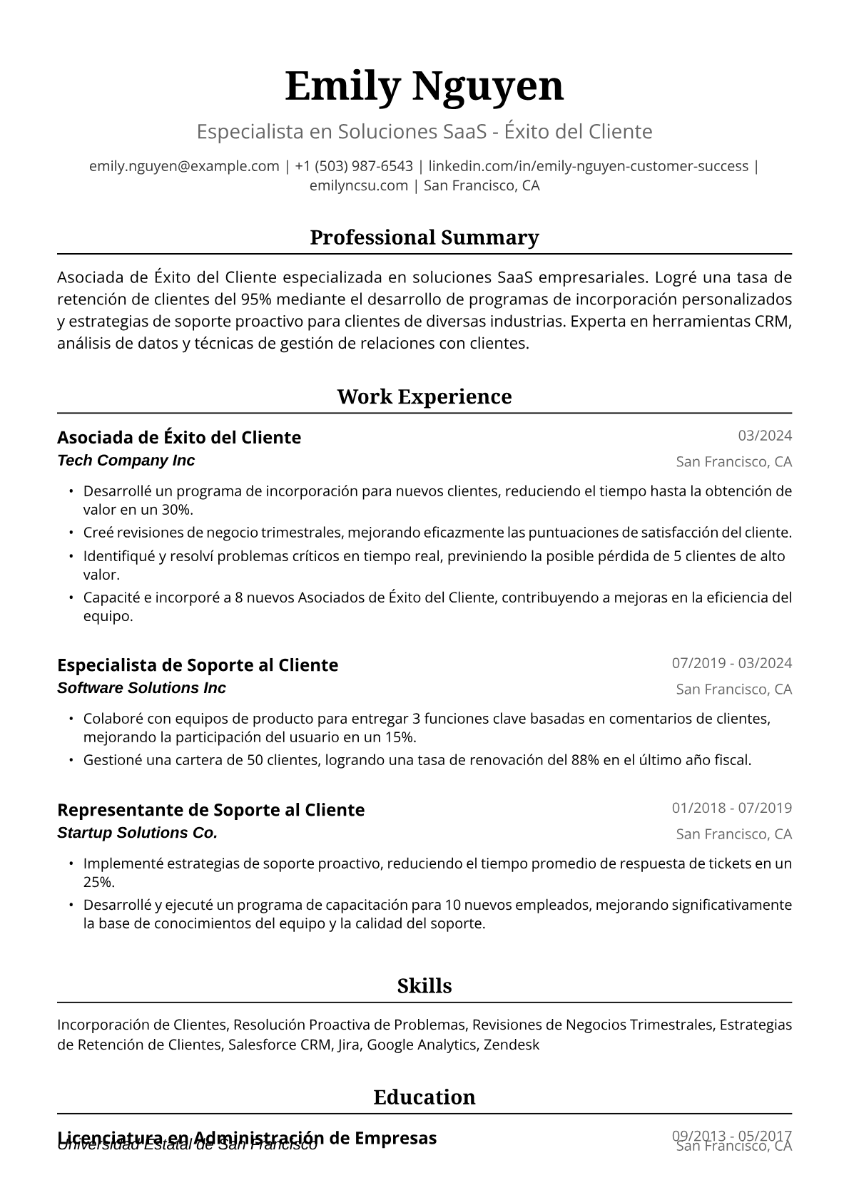 Ejemplo de Currículum Vitae de Asociada de Éxito del Cliente