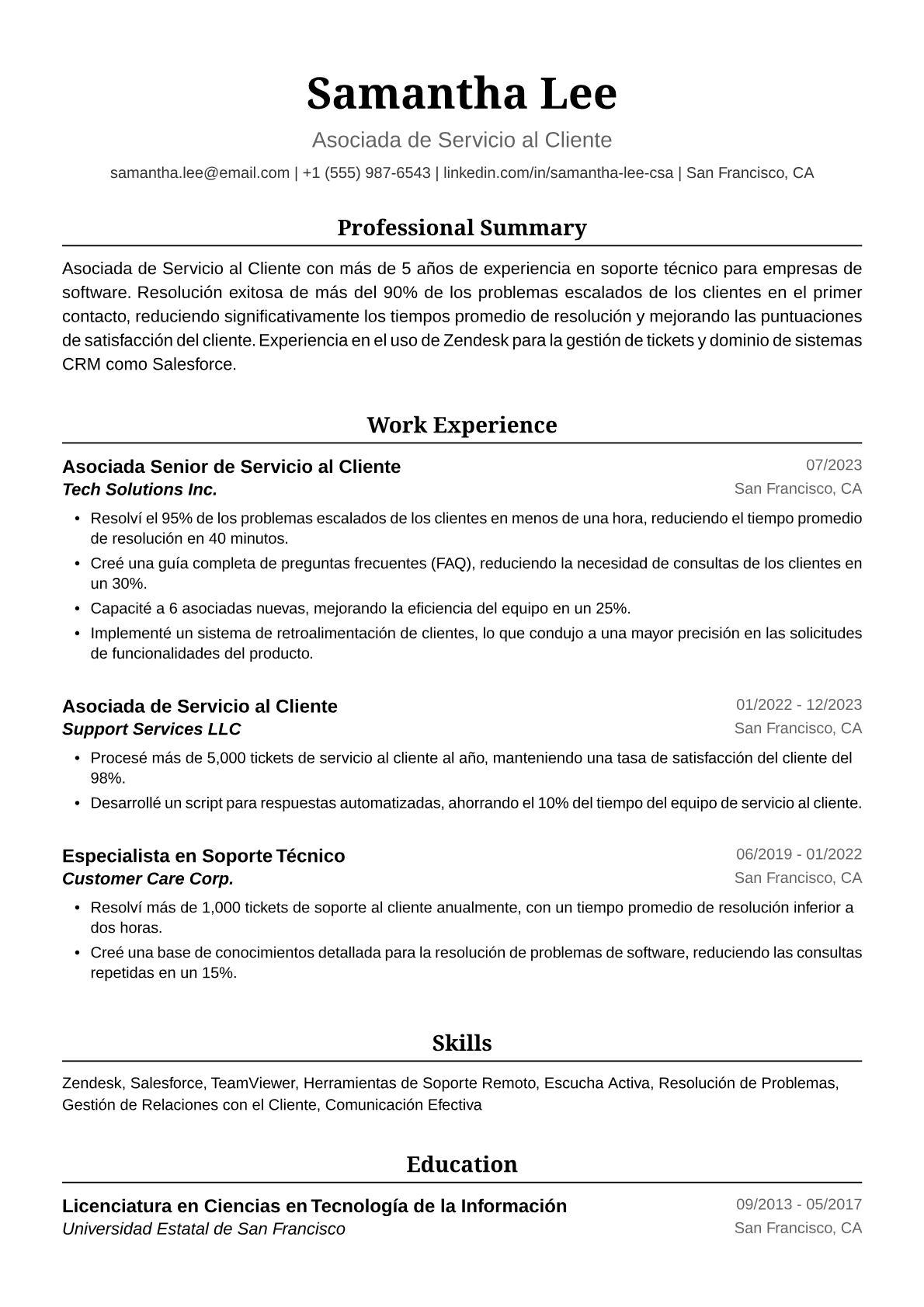 Ejemplo de Currículum de Asociada de Servicio al Cliente