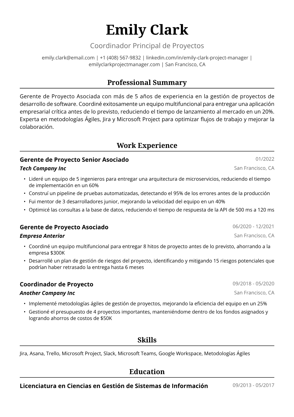 Ejemplo de Currículum de Gerenta de Proyecto Asociada