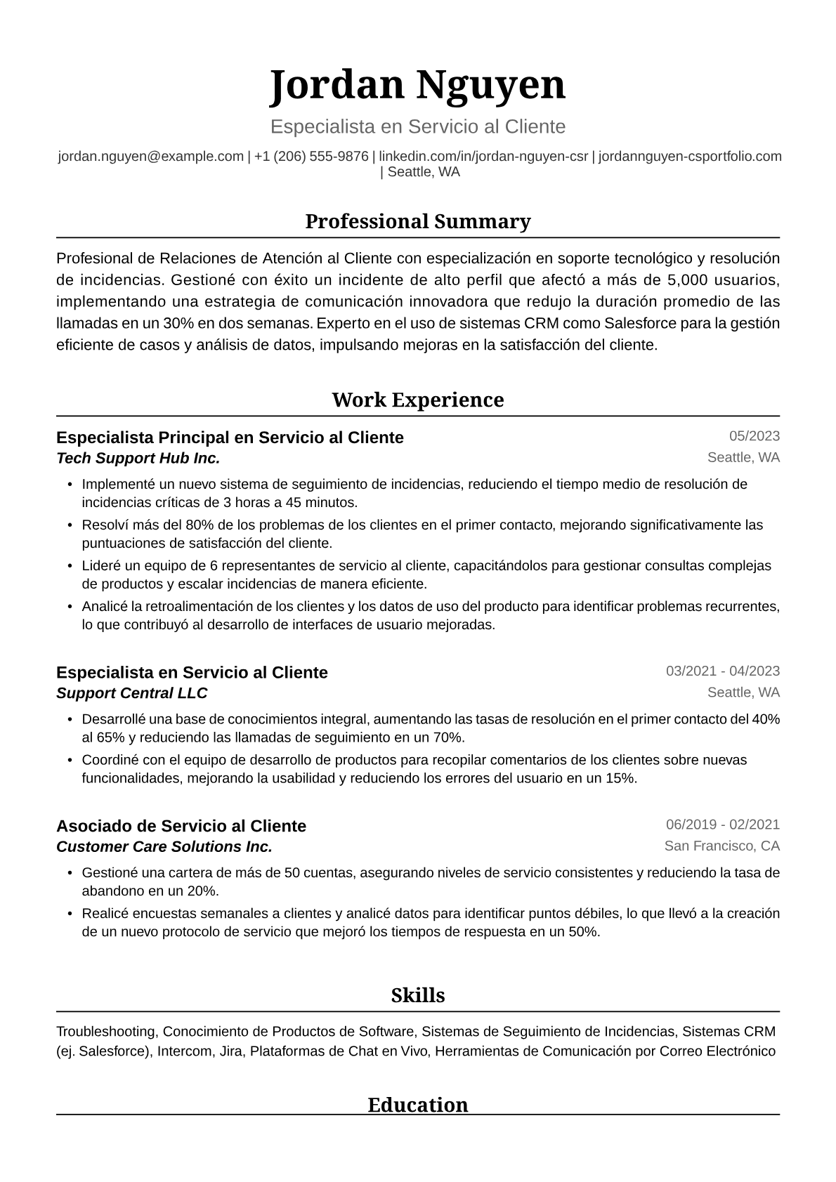 Ejemplo de Currículum Vitae de Relaciones de Atención al Cliente